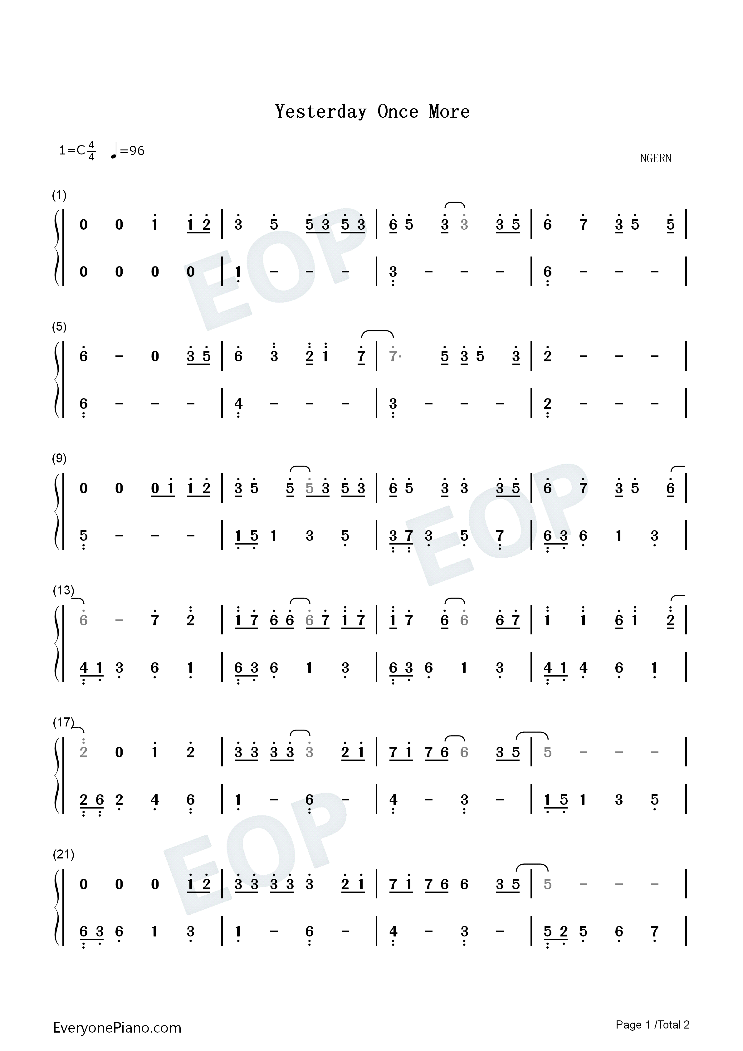 昨日重现钢琴简谱_Carpenters演唱