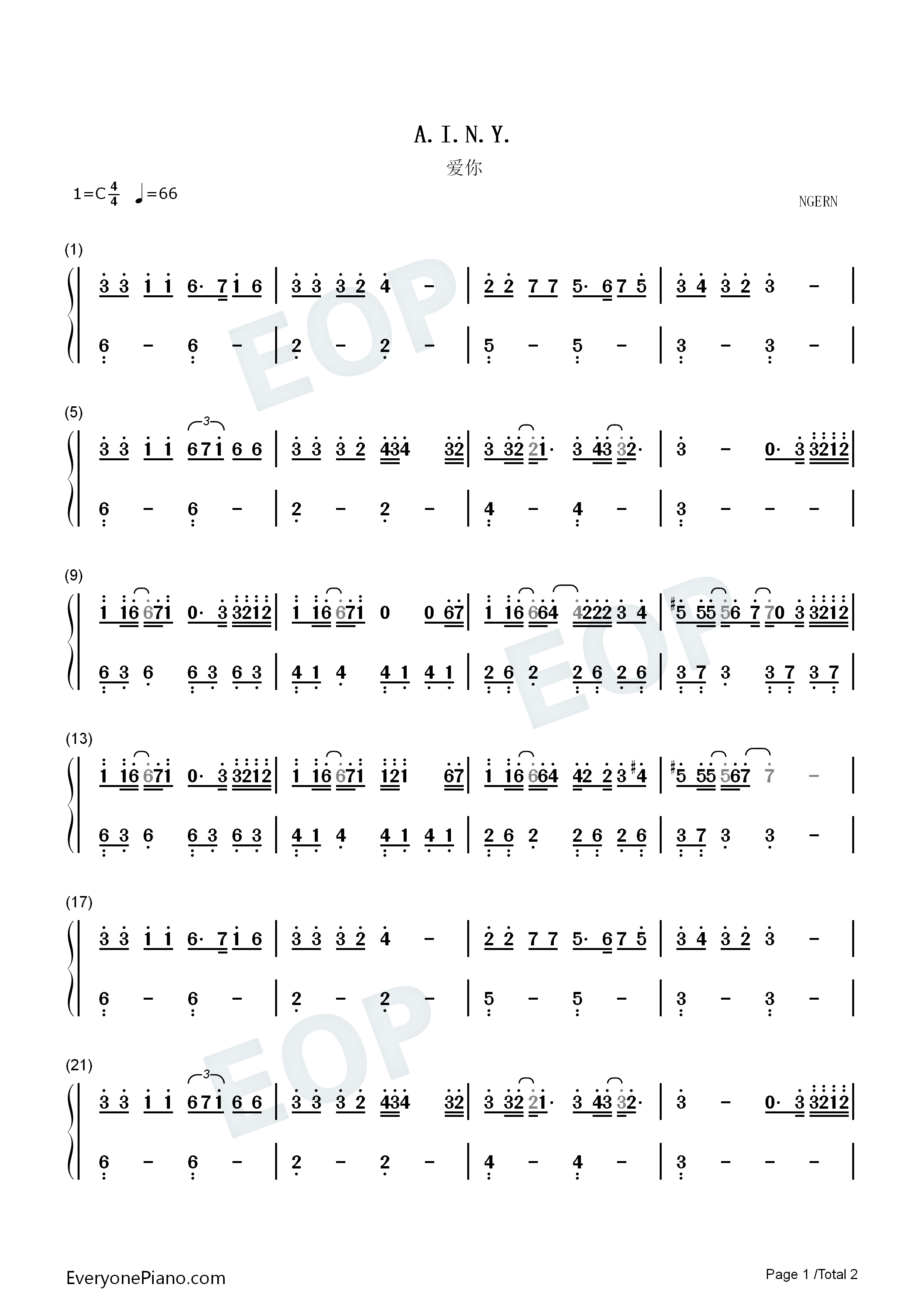 AINY钢琴简谱_邓紫棋演唱