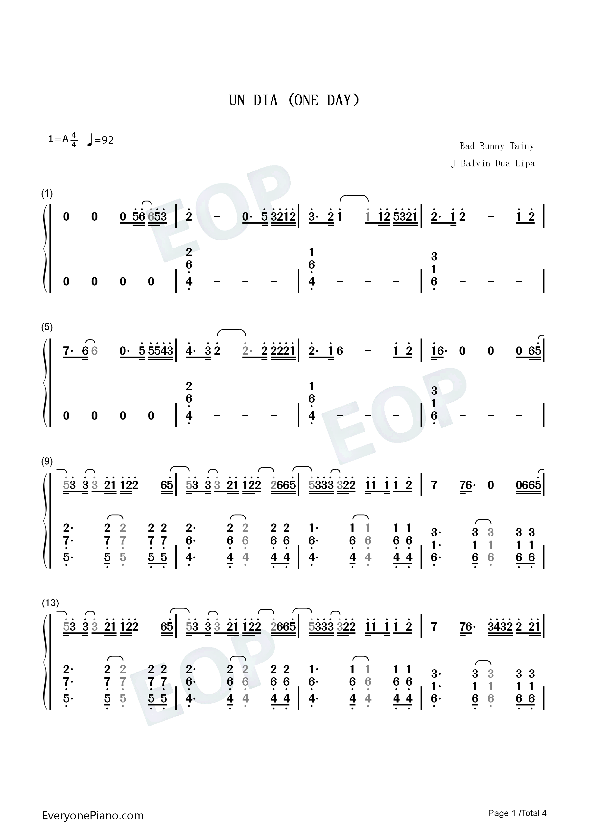 Un_Dia_One_Day钢琴简谱_J_Balvin_Dua_Lipa_Bad_Bunny_Tainy演唱