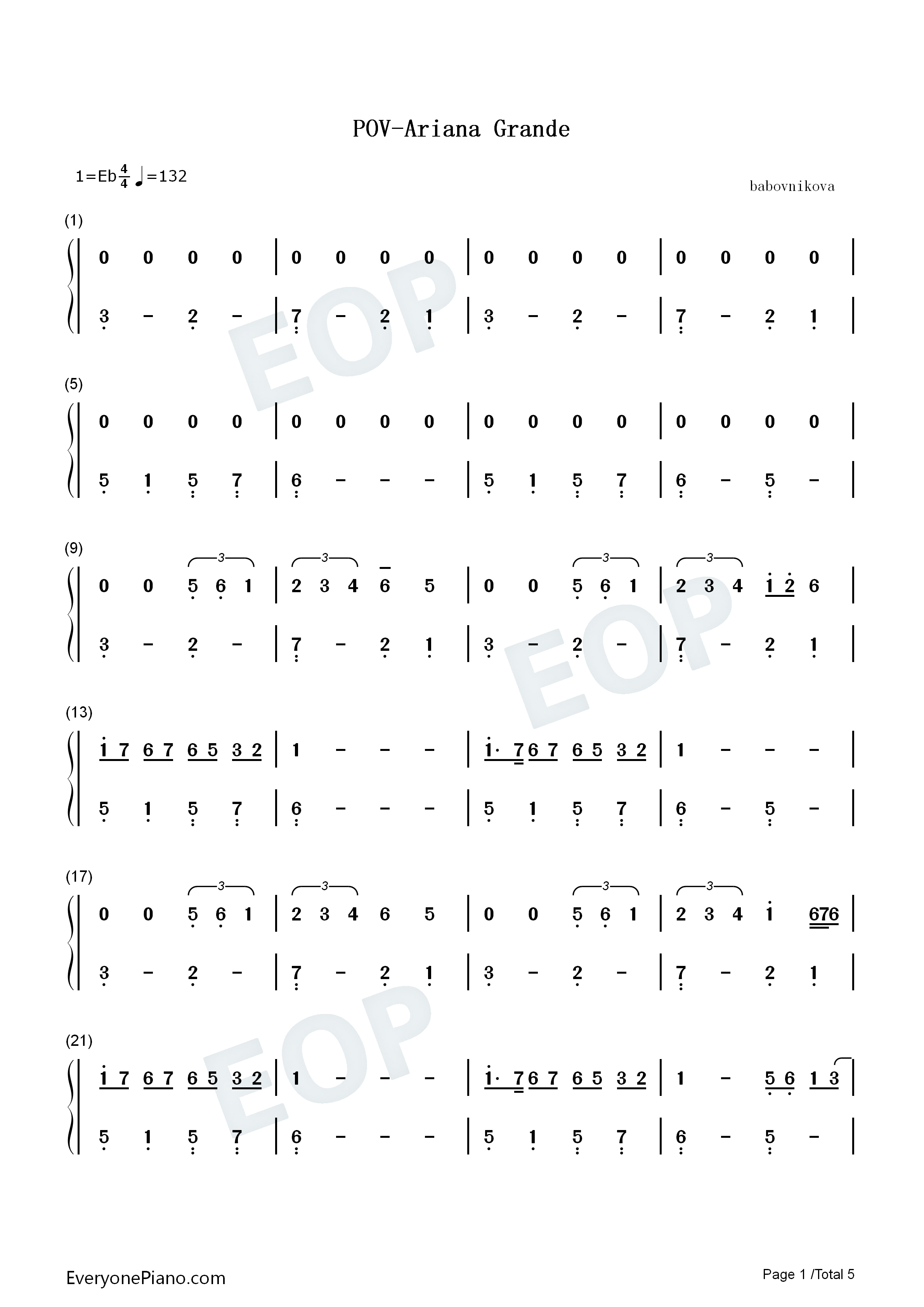 POV钢琴简谱_Ariana_Grande演唱