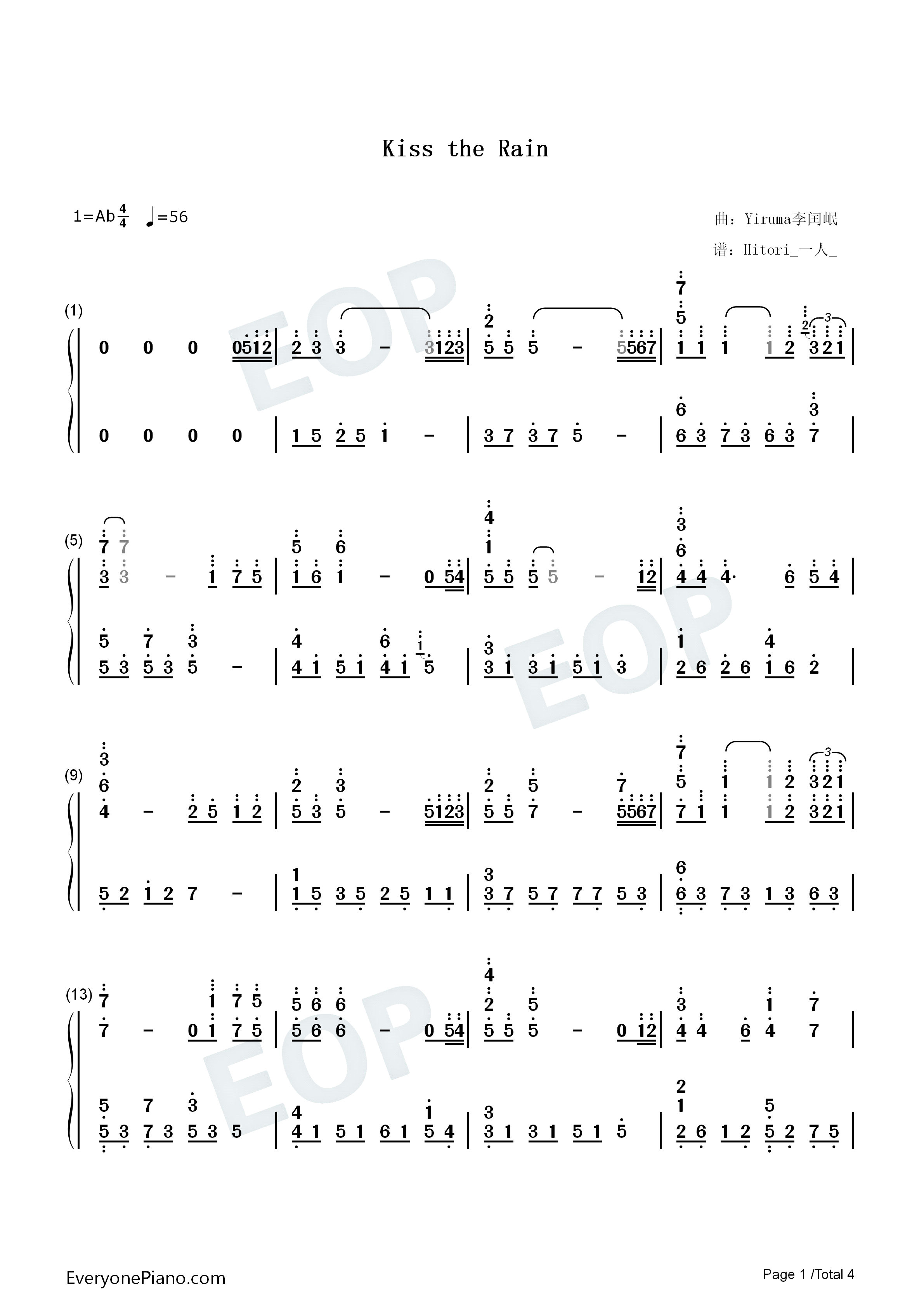 Kiss_The_Rain原版钢琴简谱_李闰珉__Yiruma演唱