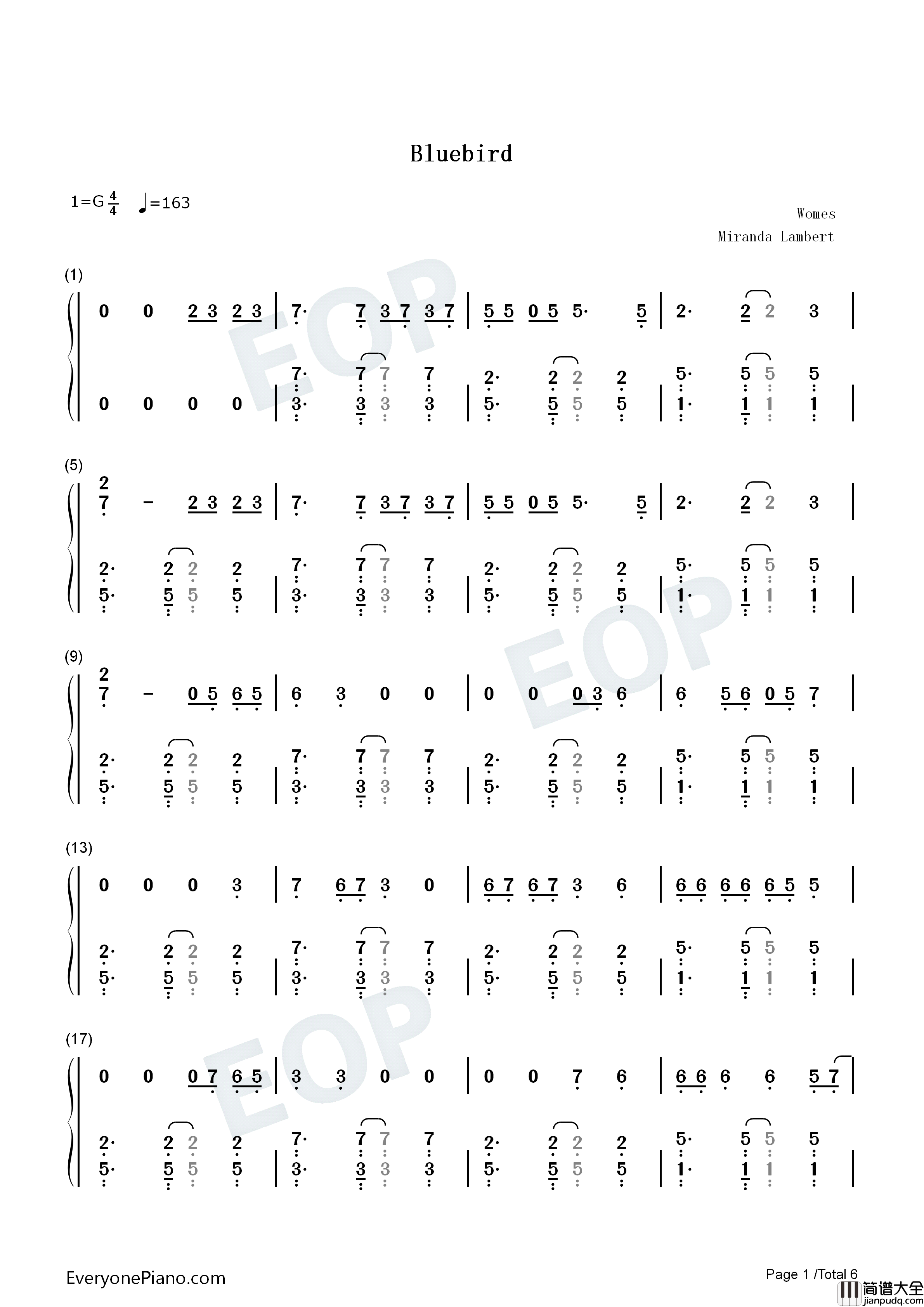 Bluebird钢琴简谱_Miranda_Lambert演唱