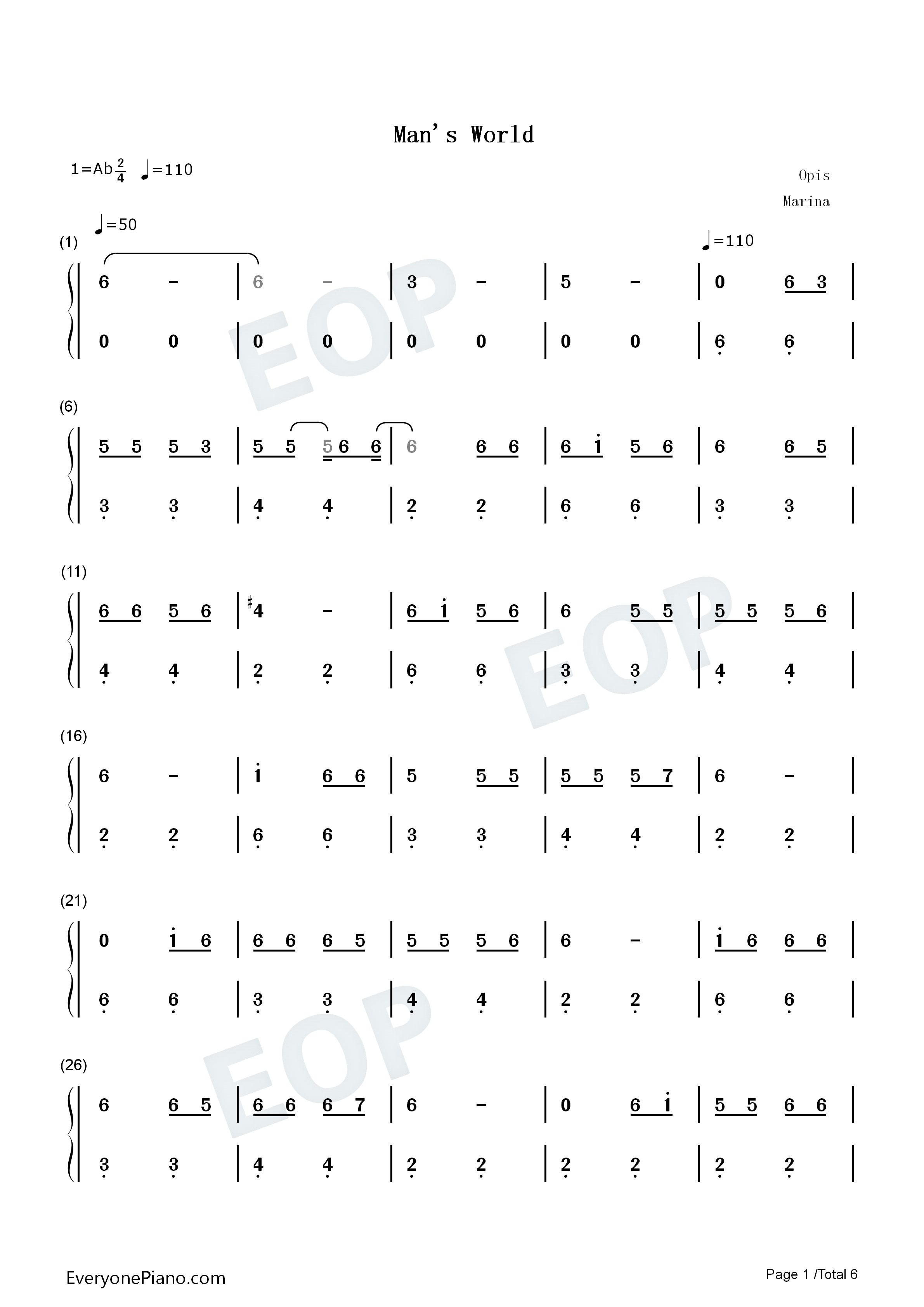 Mans_World钢琴简谱_Marina演唱