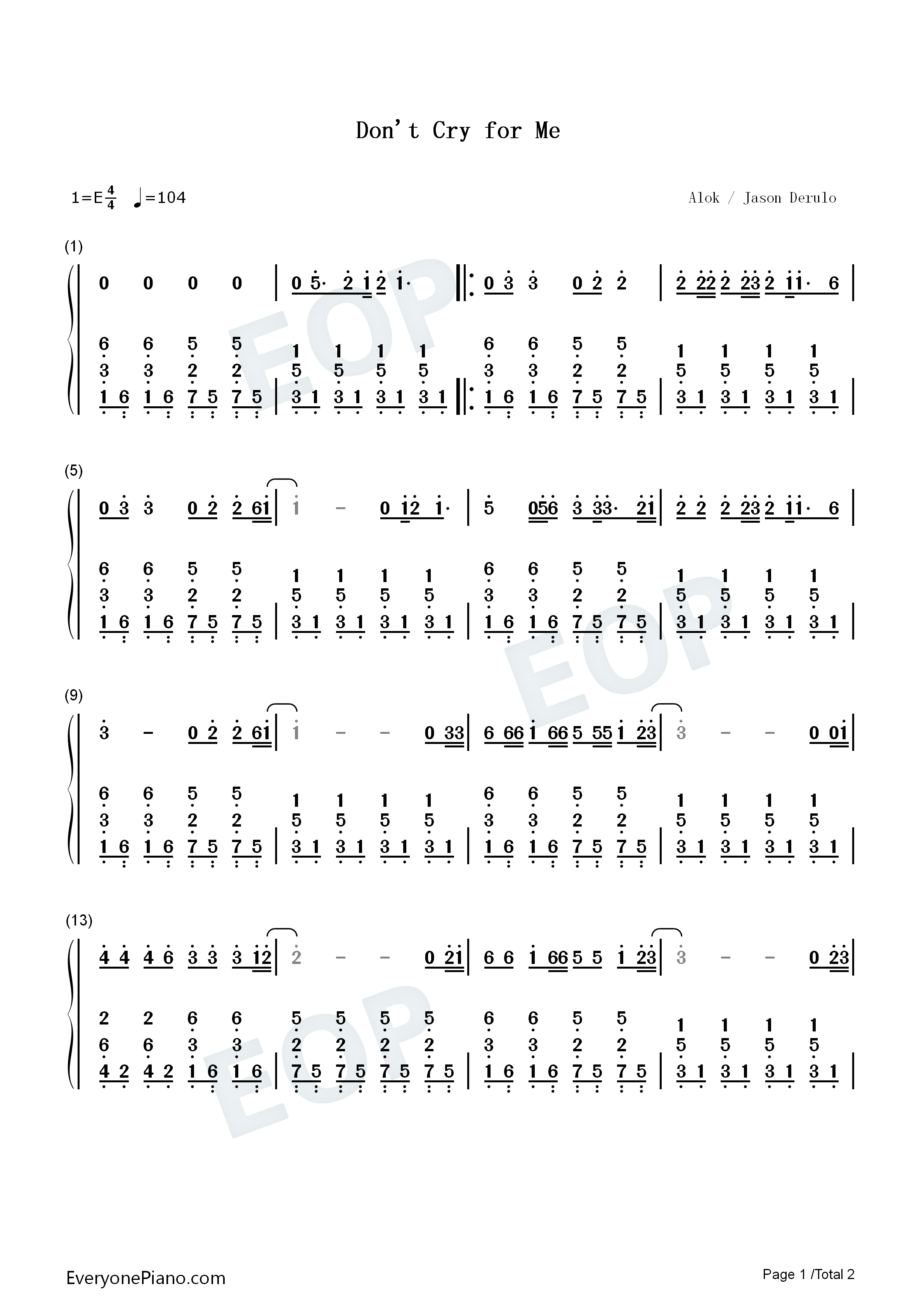 Dont_Cry_for_Me钢琴简谱_Alok_Martin_Jensen_Jason_Derulo演唱