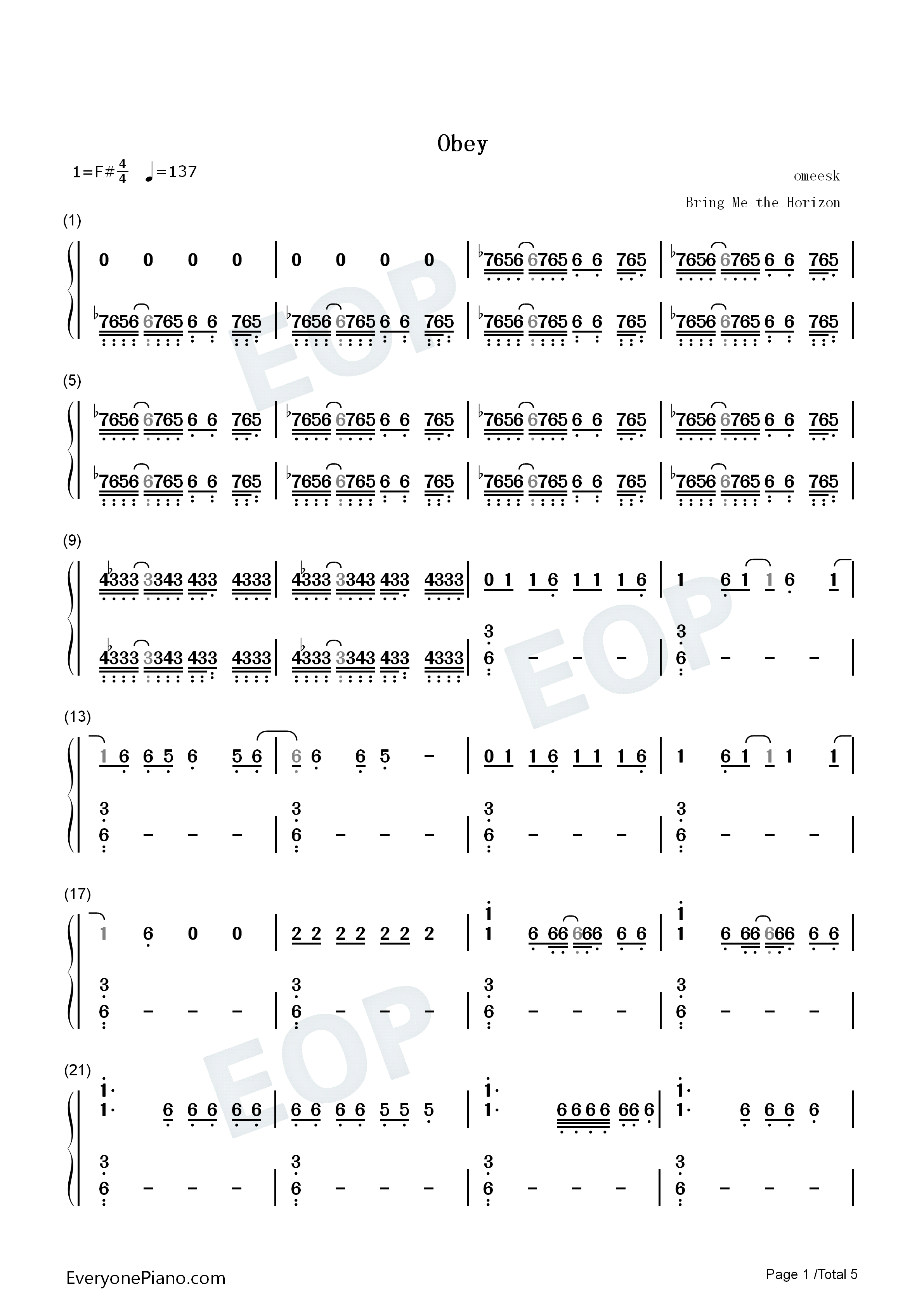 Obey钢琴简谱_Bring_Me_the_Horizon_Yungblud演唱