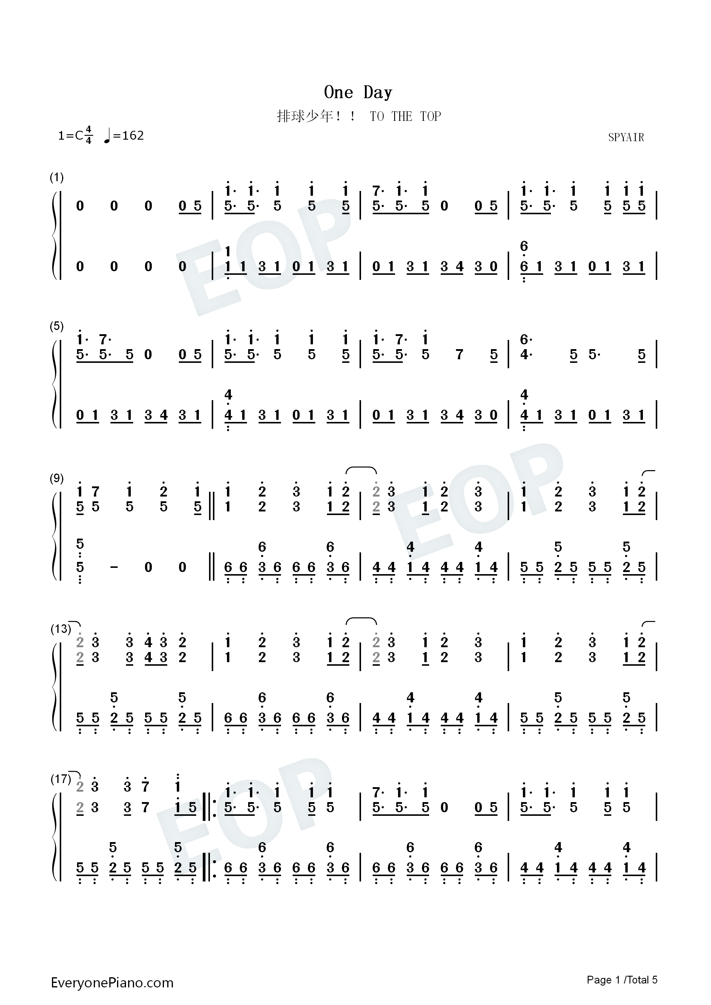 One_Day钢琴简谱_SPYAIR演唱