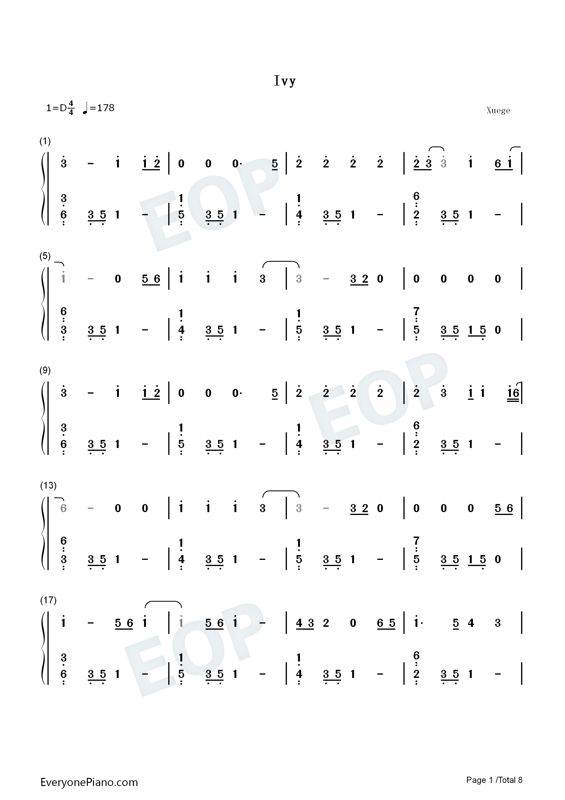 Ivy钢琴简谱_Taylor_Swift演唱