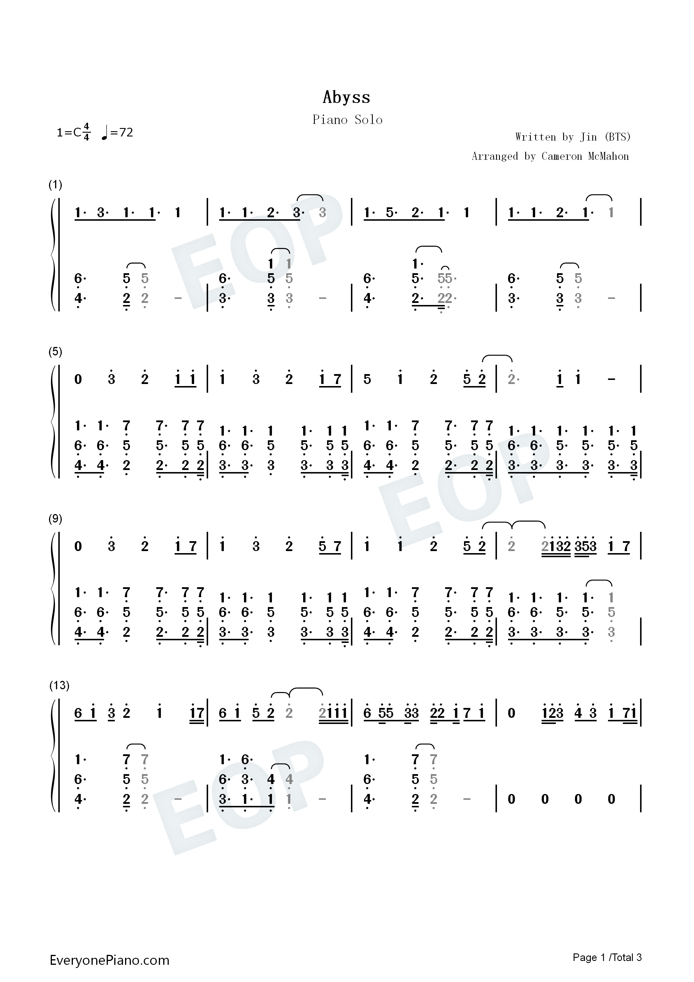 Abyss钢琴简谱_金硕珍_Jin_防弹少年团演唱