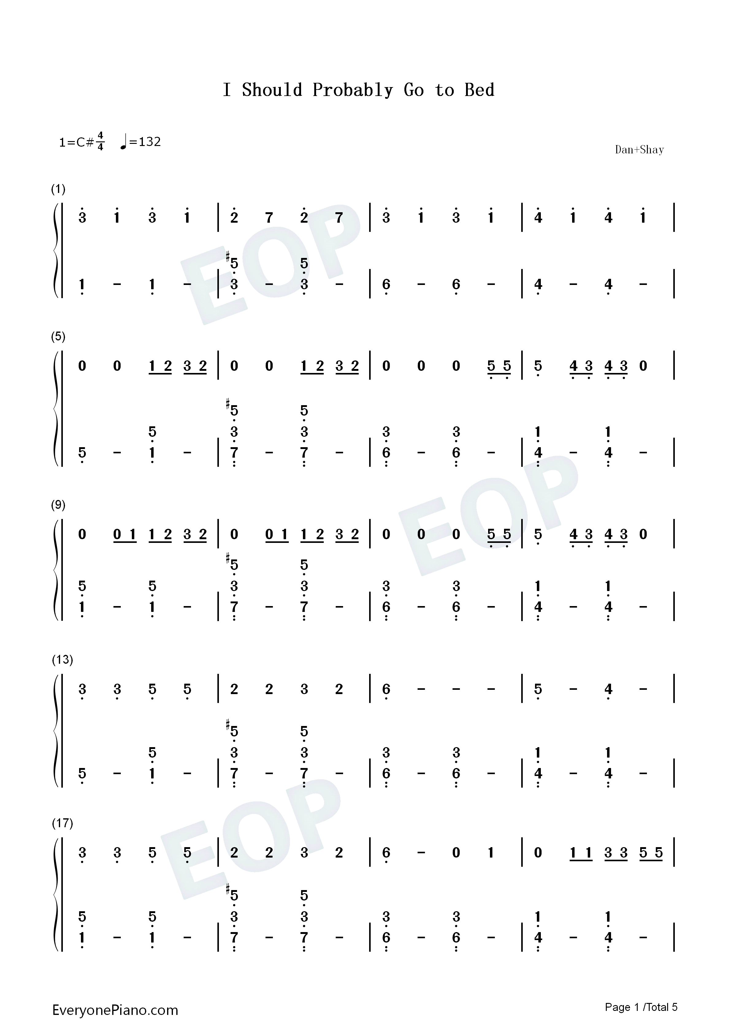 I_Should_Probably_Go_to_Bed钢琴简谱_Dan_+_Shay演唱