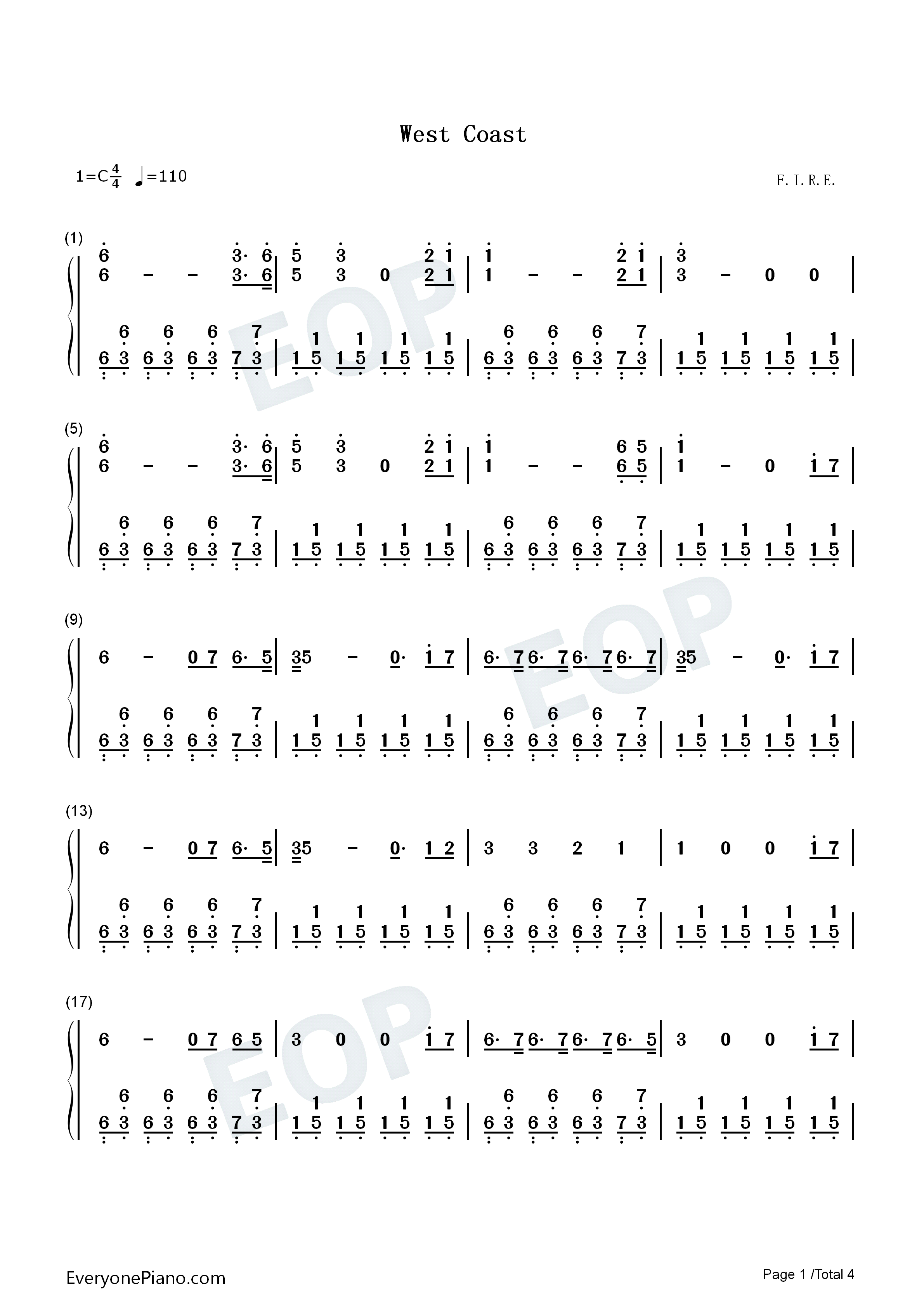 West_Coast钢琴简谱_Imagine_Dragons演唱