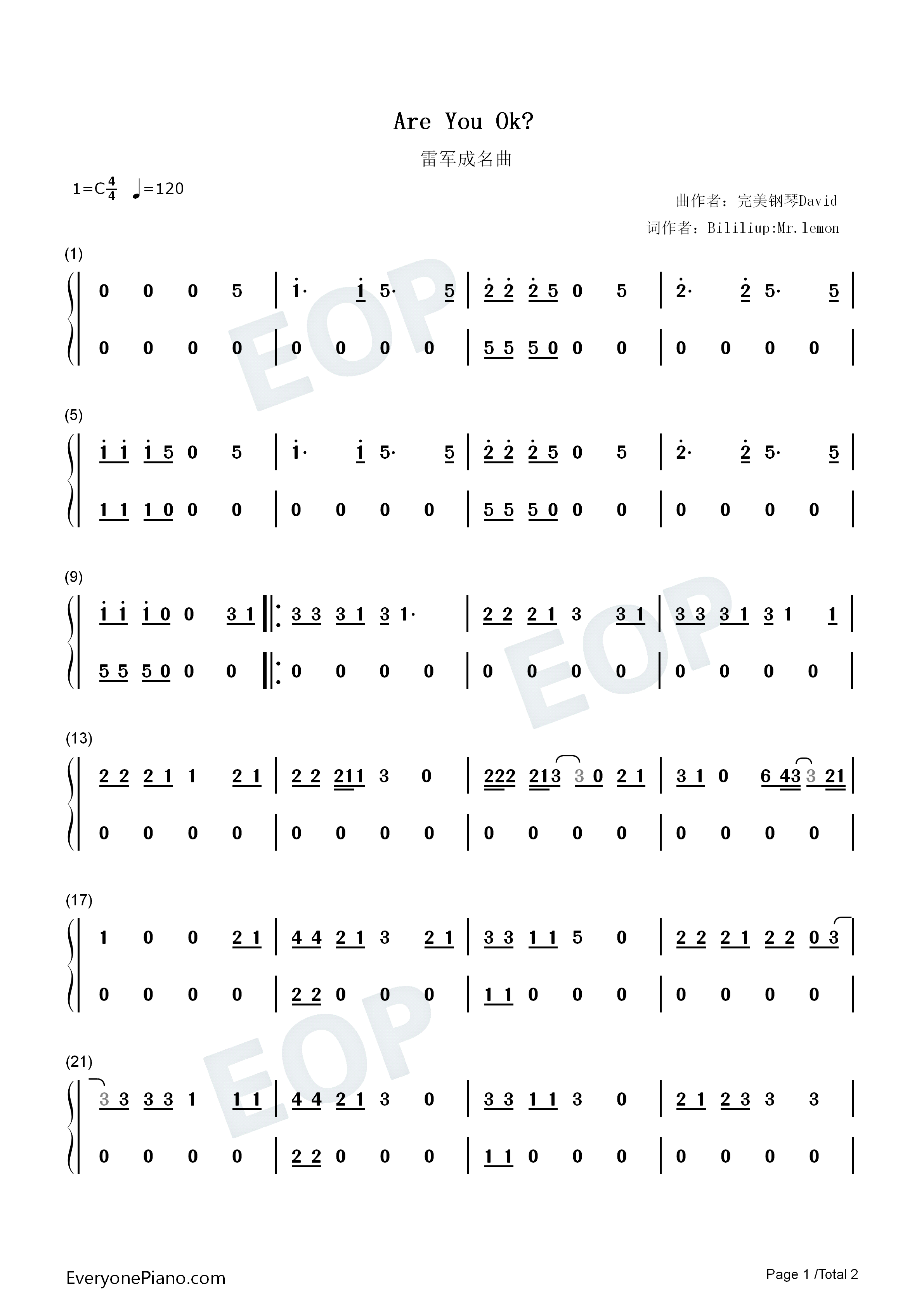 Are_you_OK钢琴简谱_雷军_Lou_Bega演唱