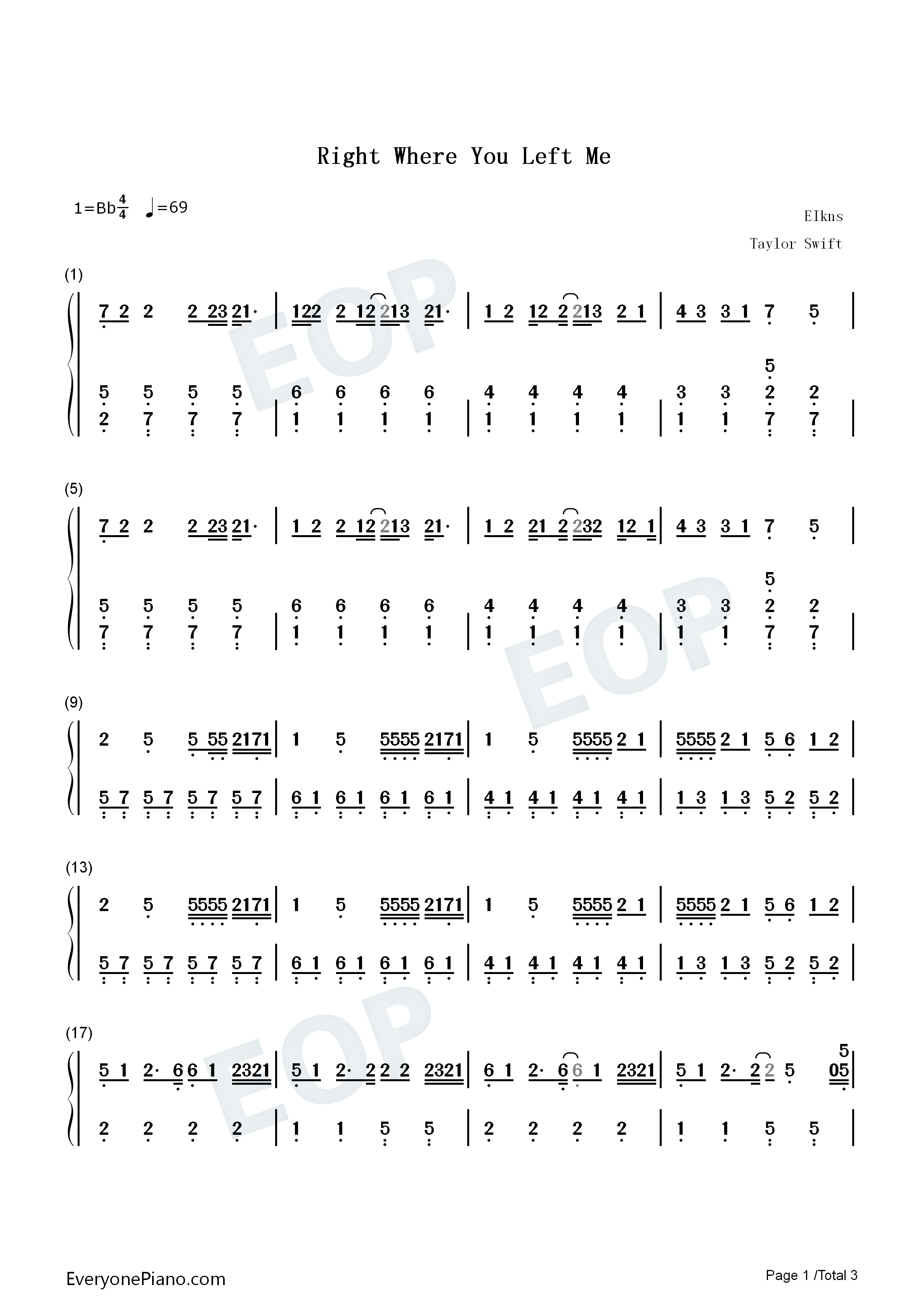 Right_Where_You_Left_Me钢琴简谱_Taylor_Swift演唱