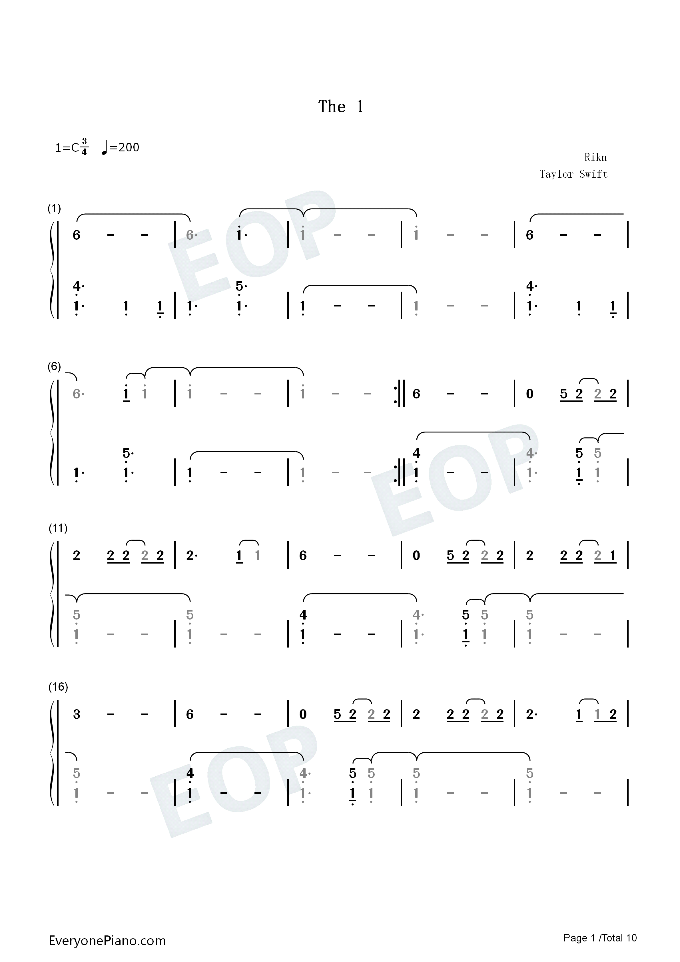 The_1钢琴简谱_Taylor_Swift演唱