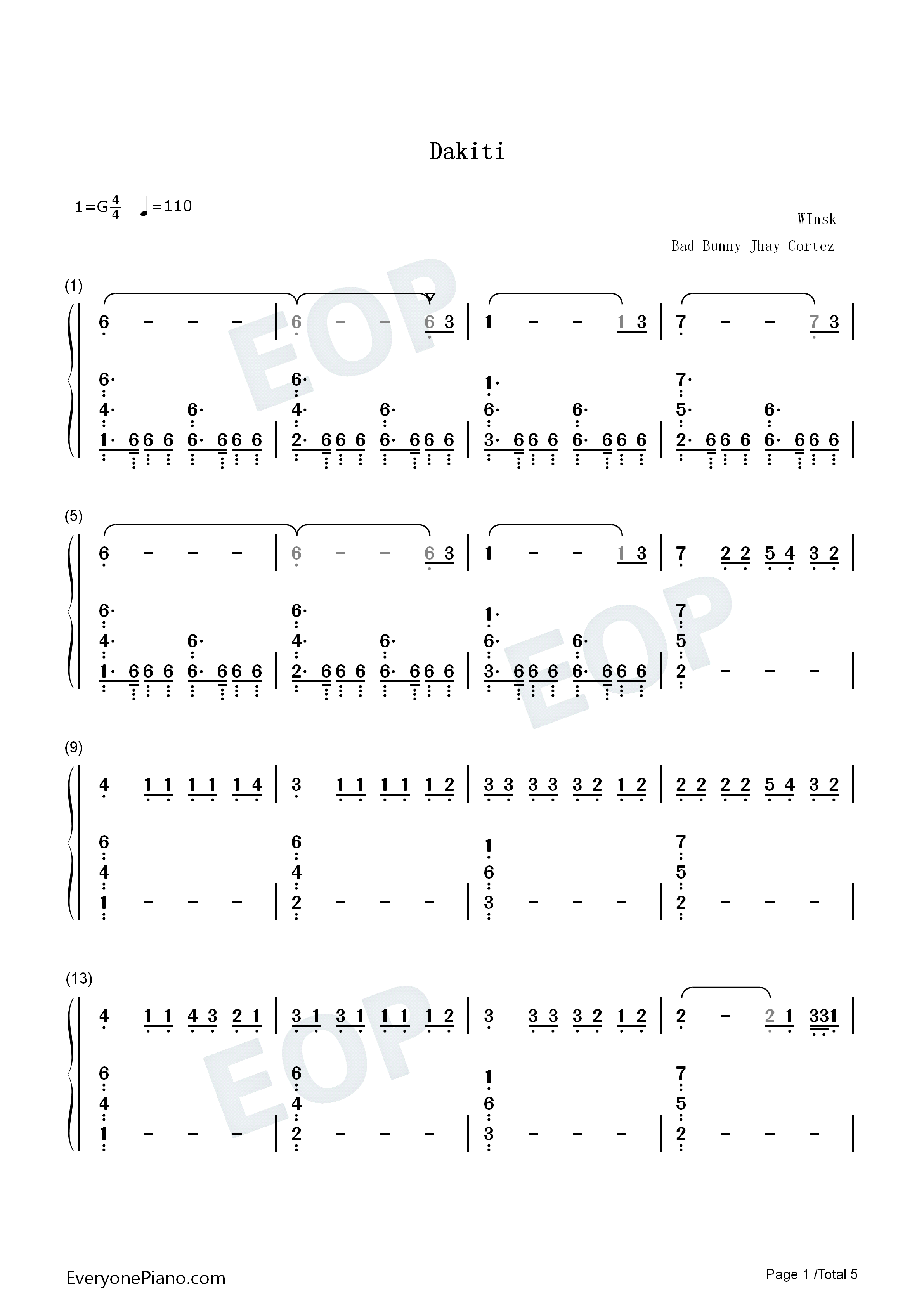 Dakiti钢琴简谱_Bad_Bunny_Jhay_Cortez演唱