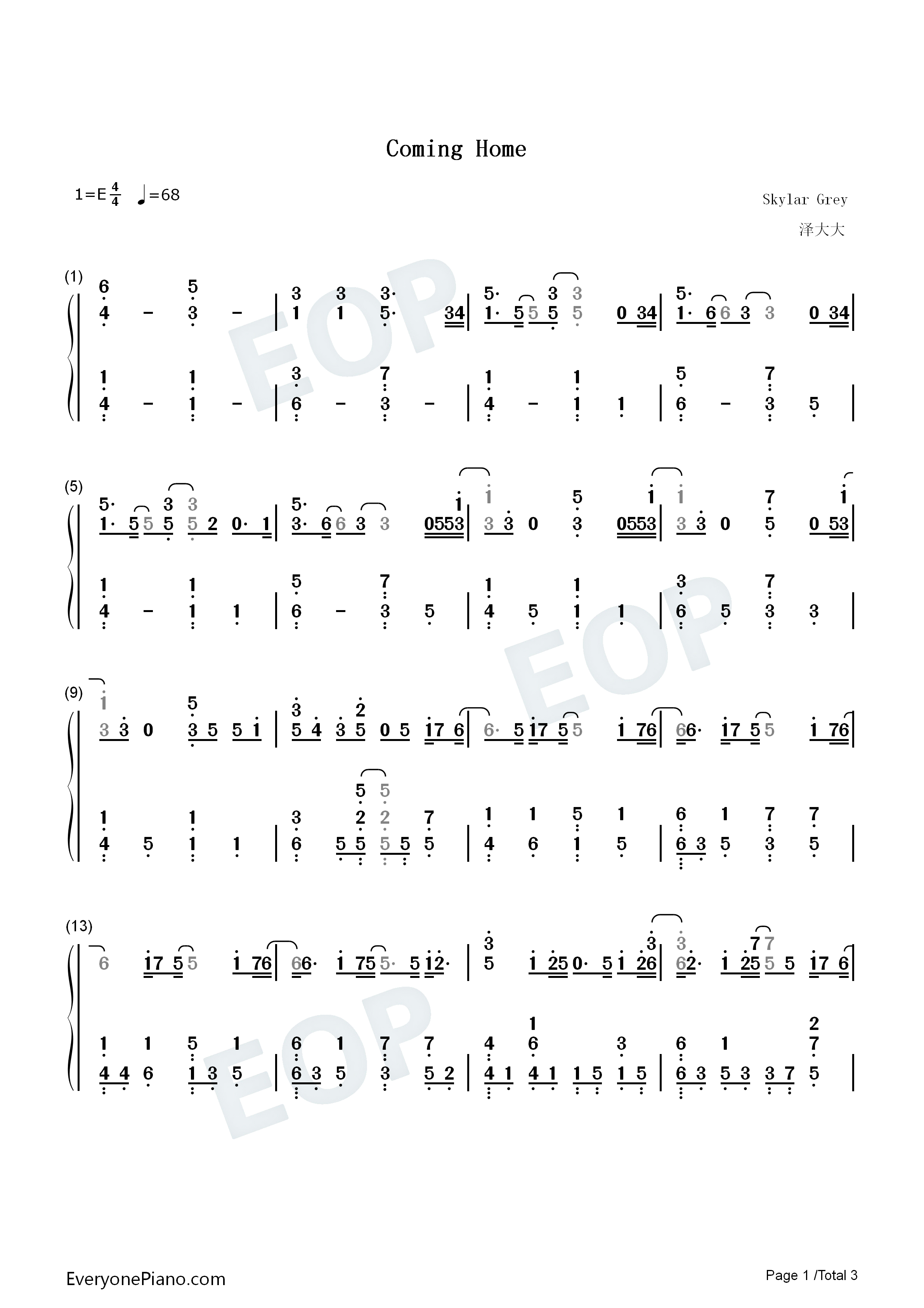 Coming_Home钢琴简谱_Skylar_Grey演唱