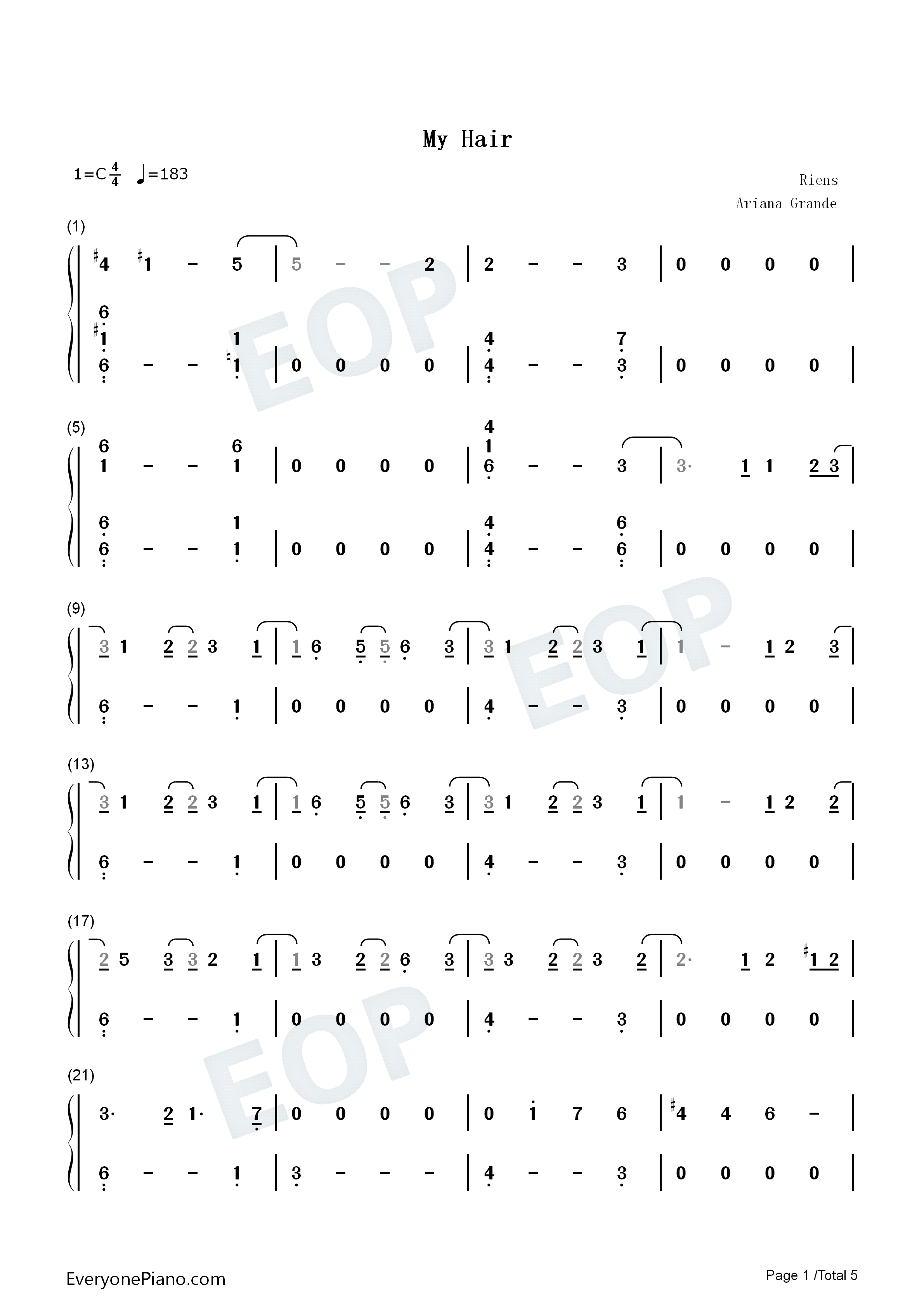 My_Hair钢琴简谱_Ariana_Grande演唱