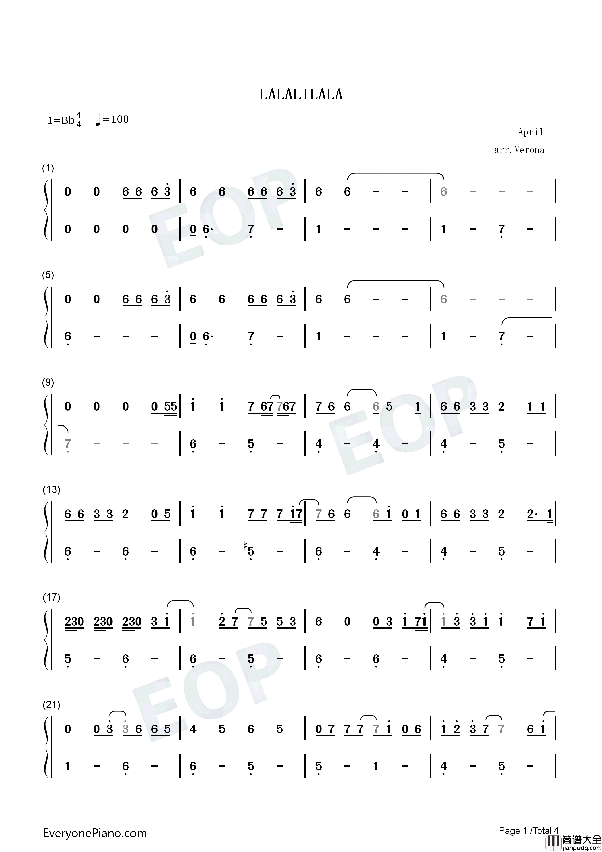 Lalalilala钢琴简谱_April演唱