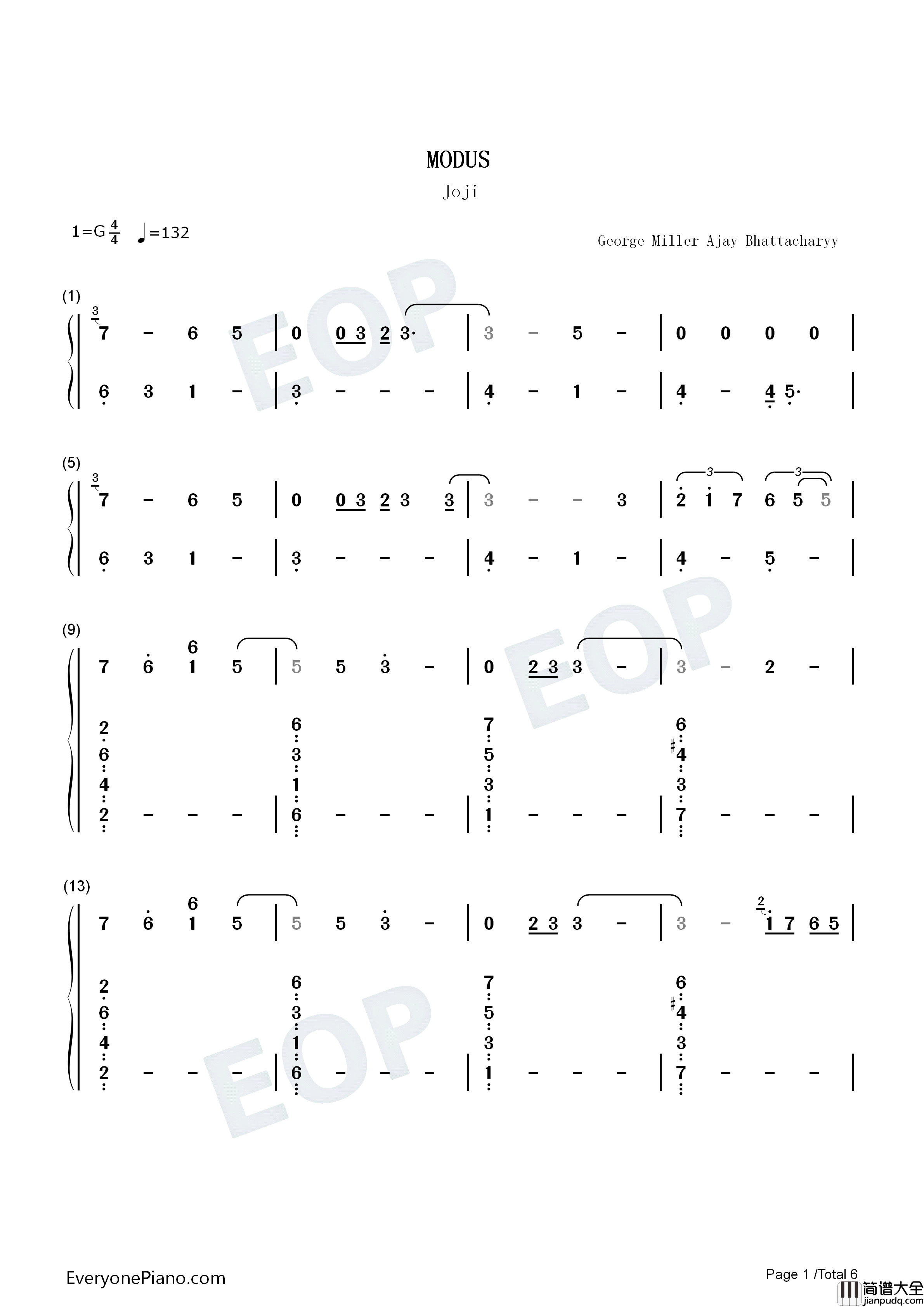 Modus钢琴简谱_Joji演唱