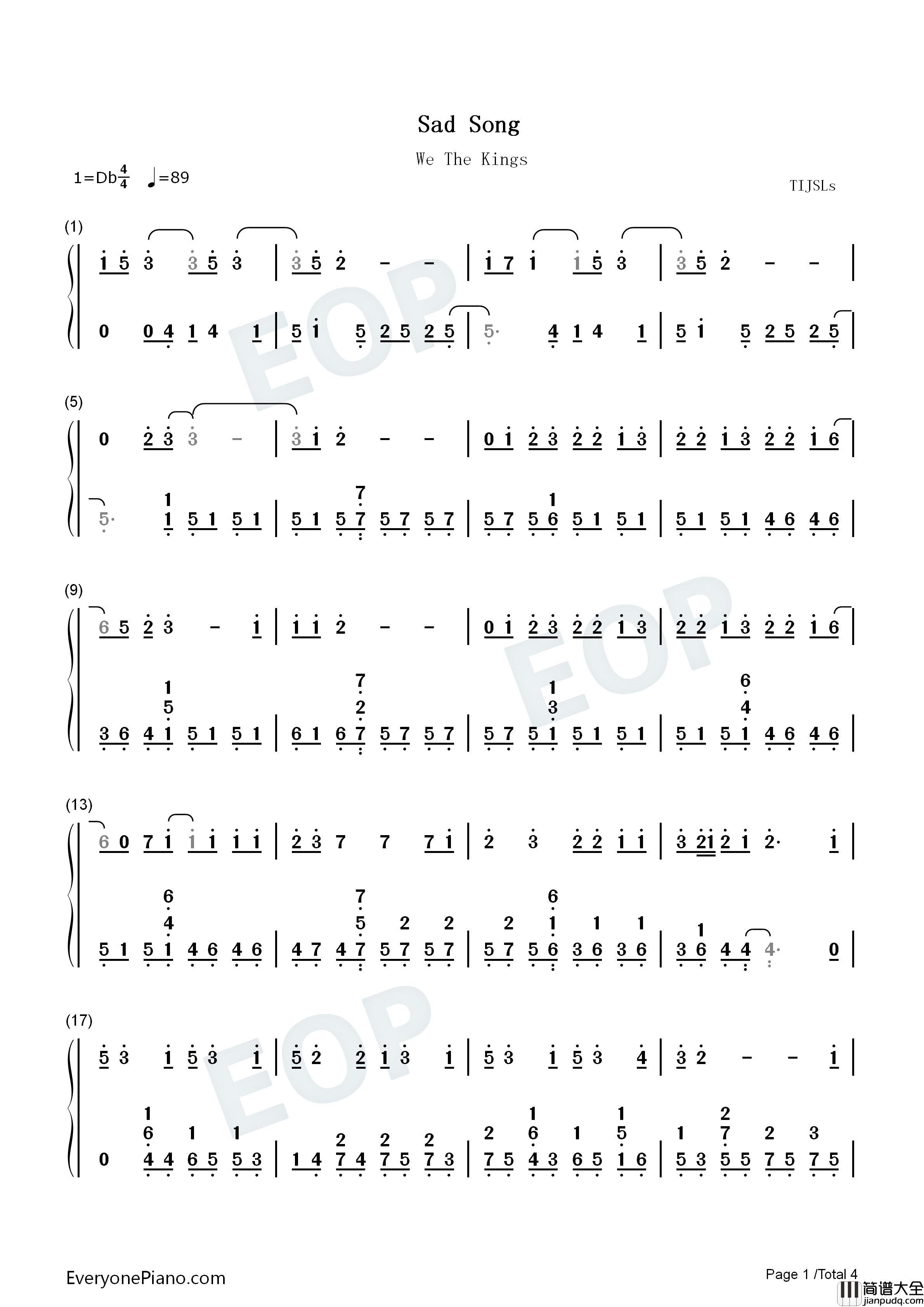 Sad_Song钢琴简谱_We_The_Kings_Elena_Coats演唱