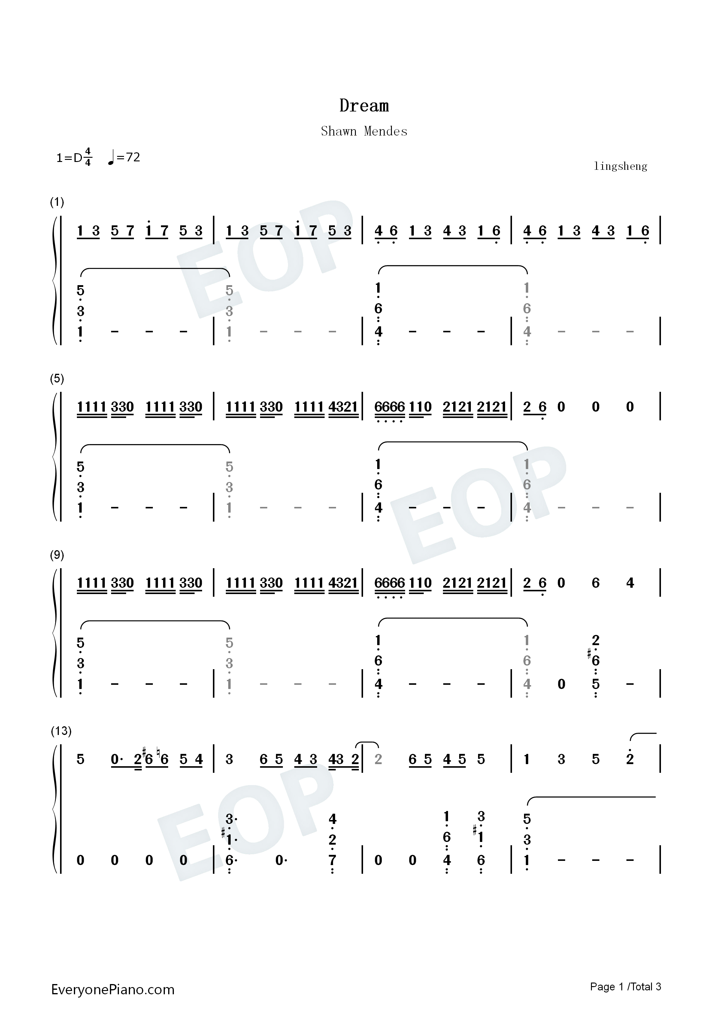Dream钢琴简谱_Shawn_Mendes演唱