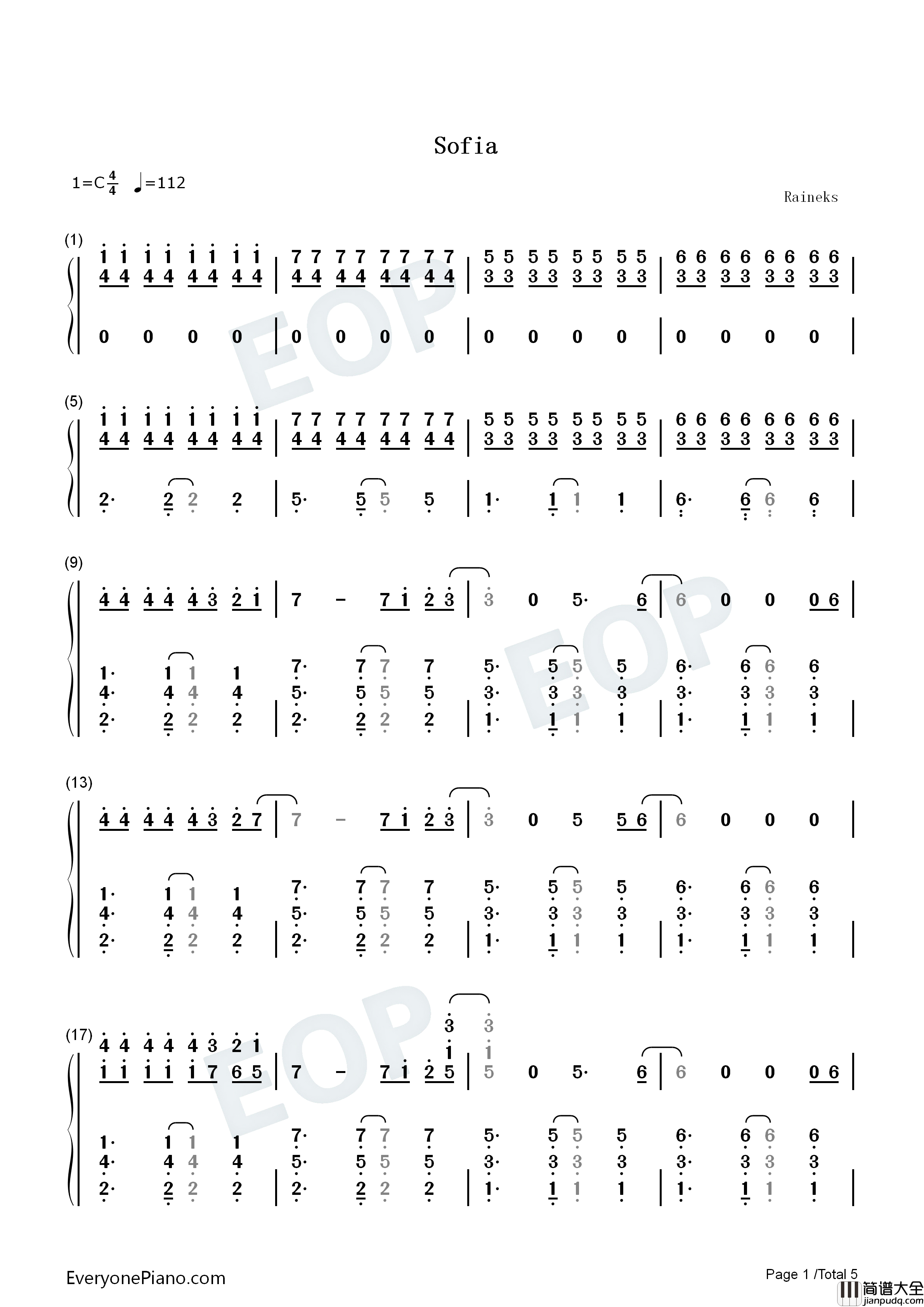 Sofia钢琴简谱_Clairo演唱