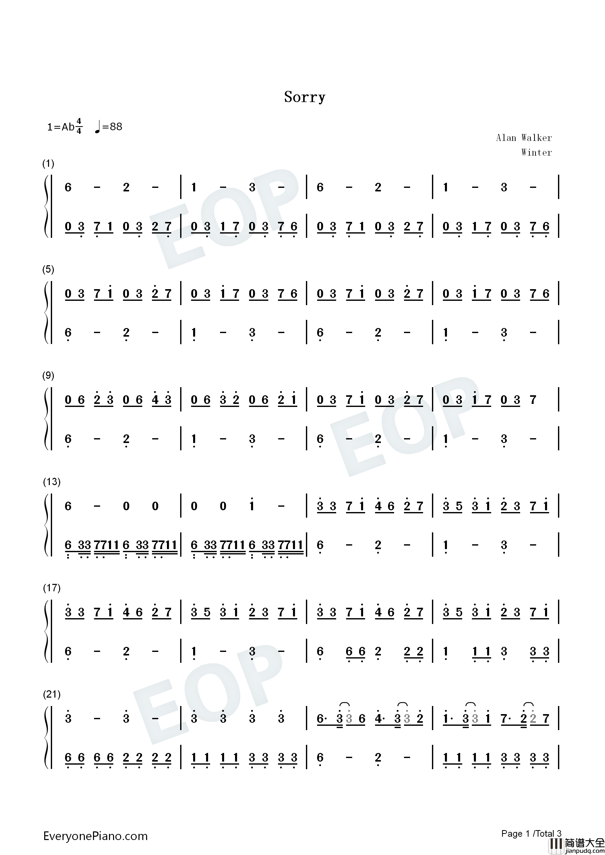 Sorry钢琴简谱_Alan_Walker_ISAK演唱