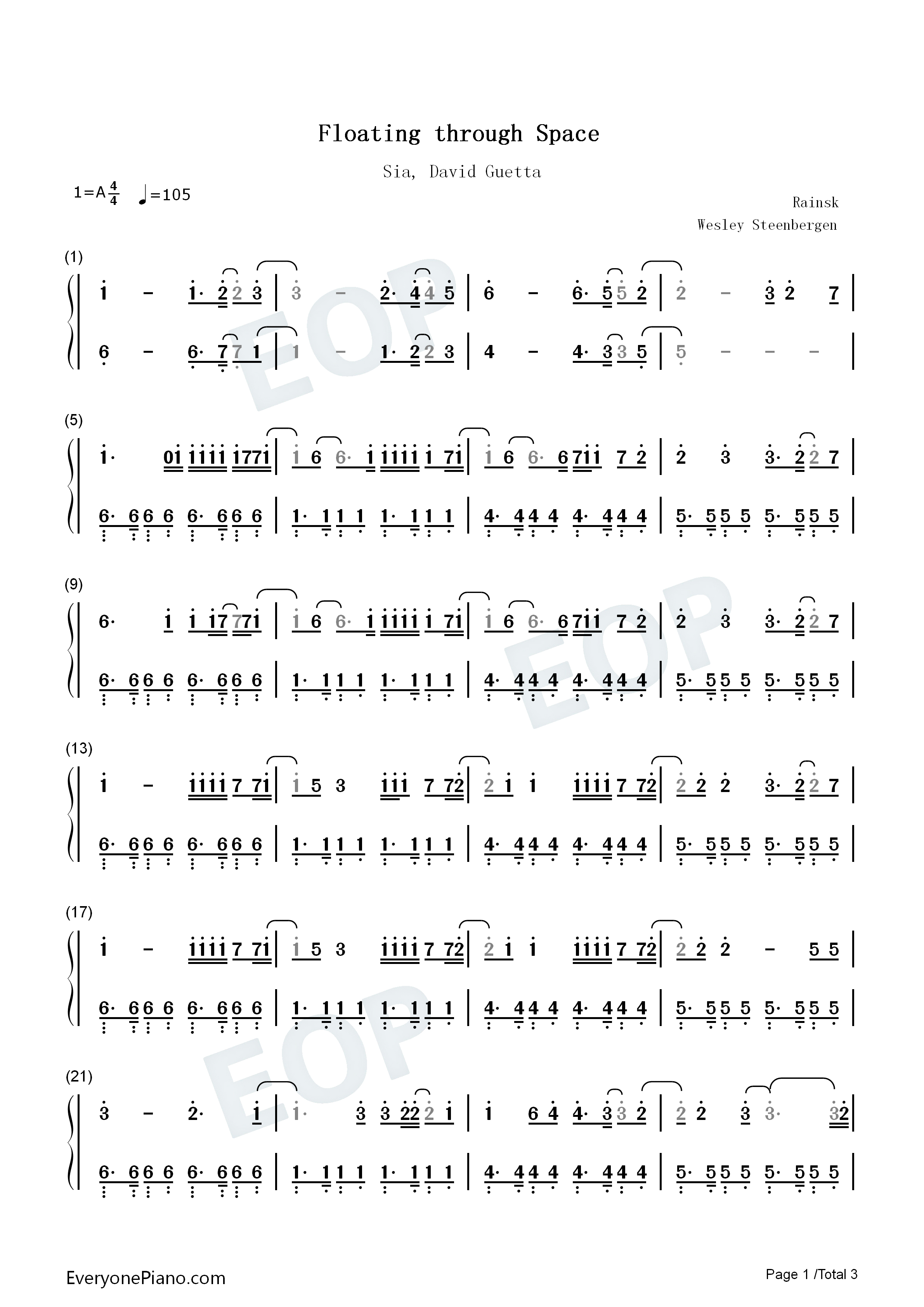 Floating_Through_Space钢琴简谱_Sia_David_Guetta演唱