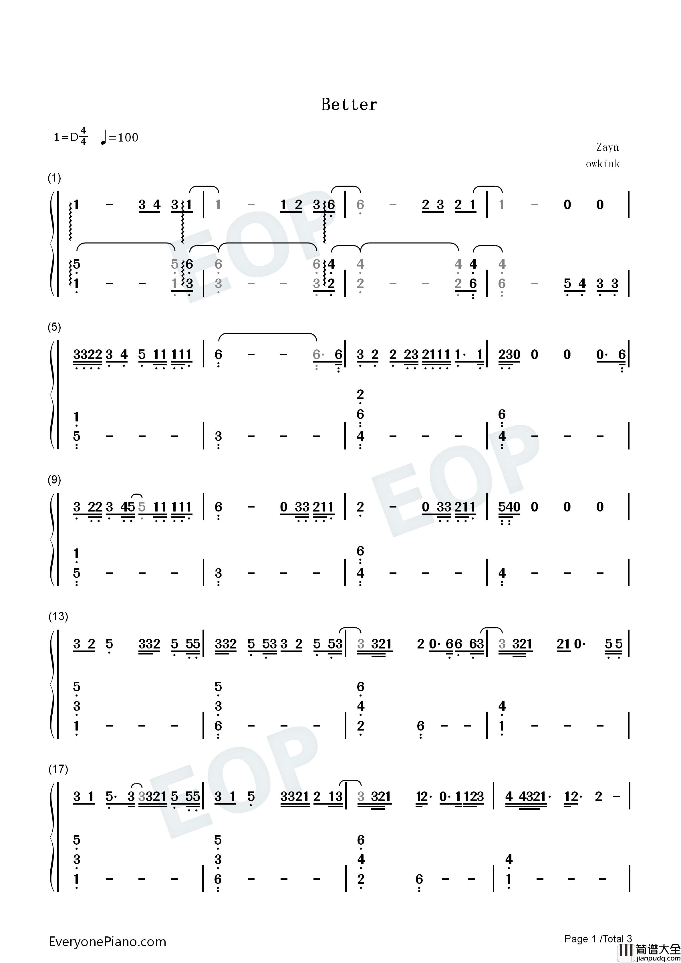 Better钢琴简谱_Zayn演唱