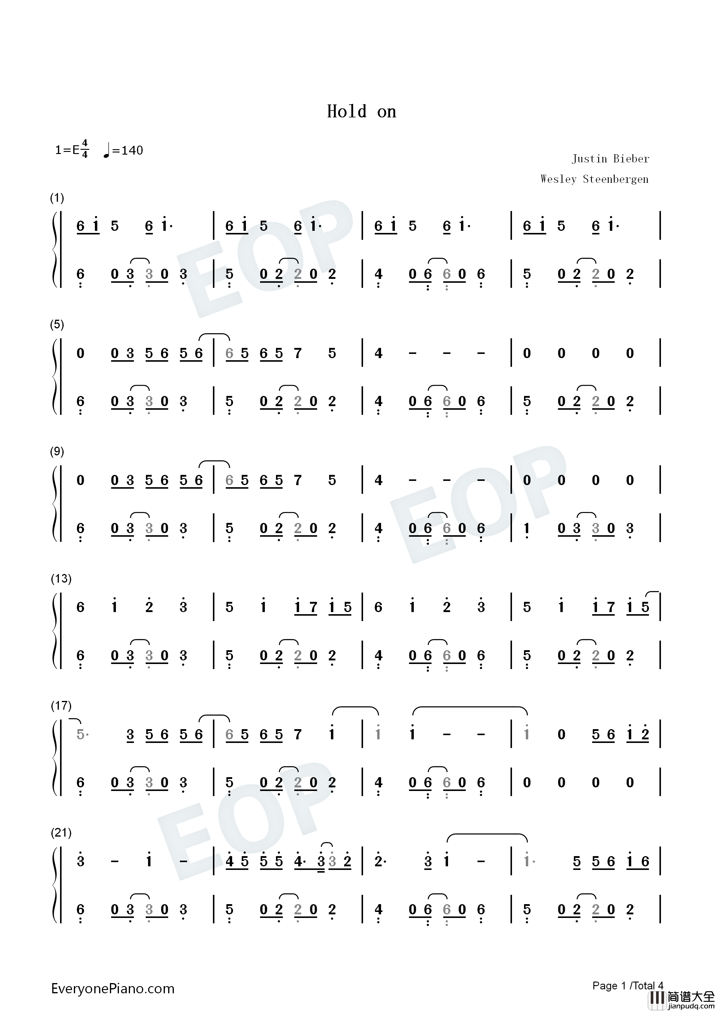 Hold_On钢琴简谱_Justin_Bieber演唱