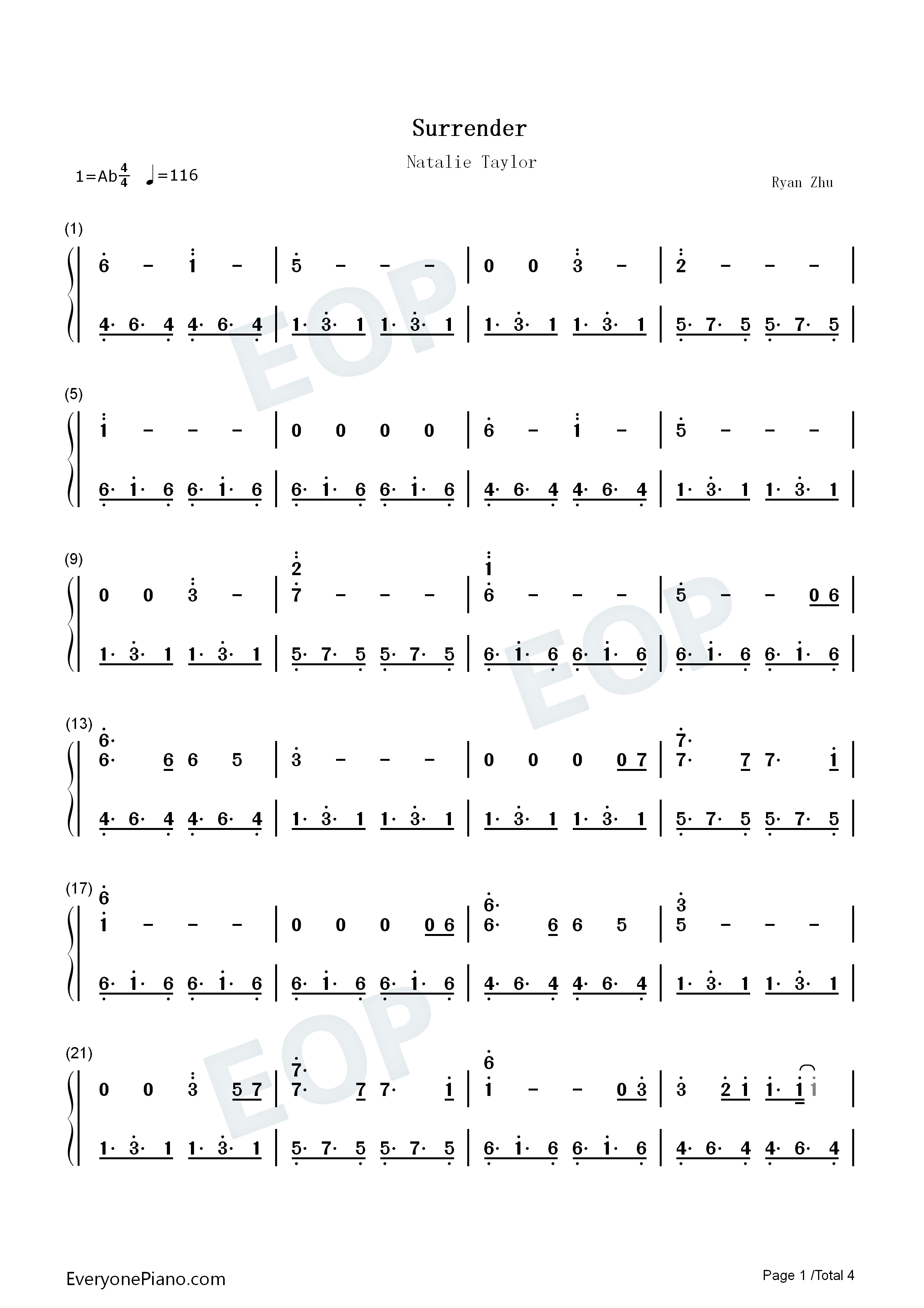 Surrender钢琴简谱_Natalie_Taylor演唱