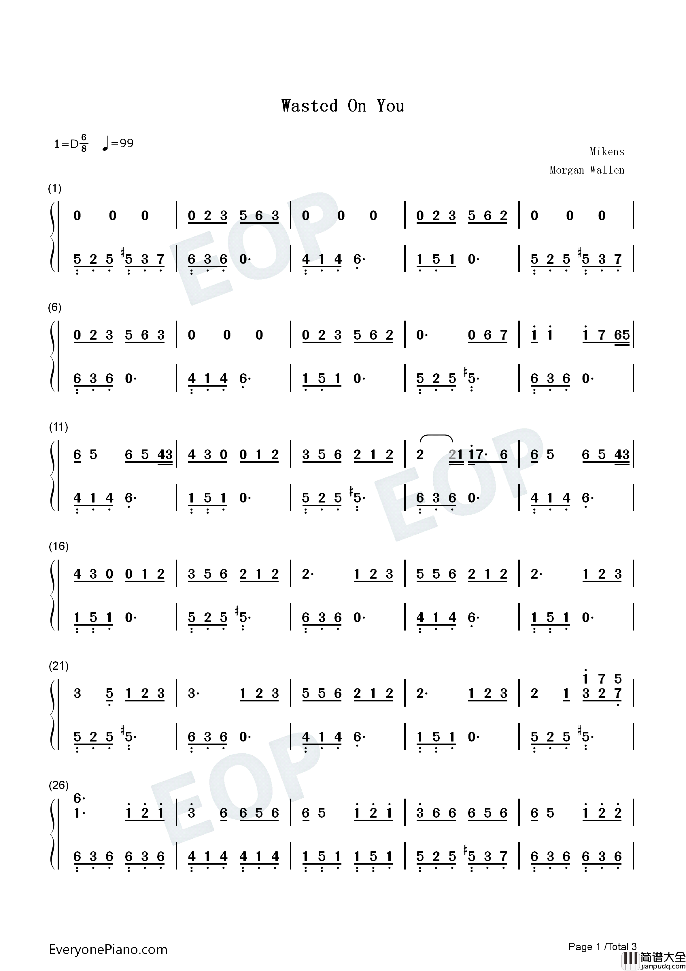 Wasted_on_You钢琴简谱_Morgan_Wallen演唱