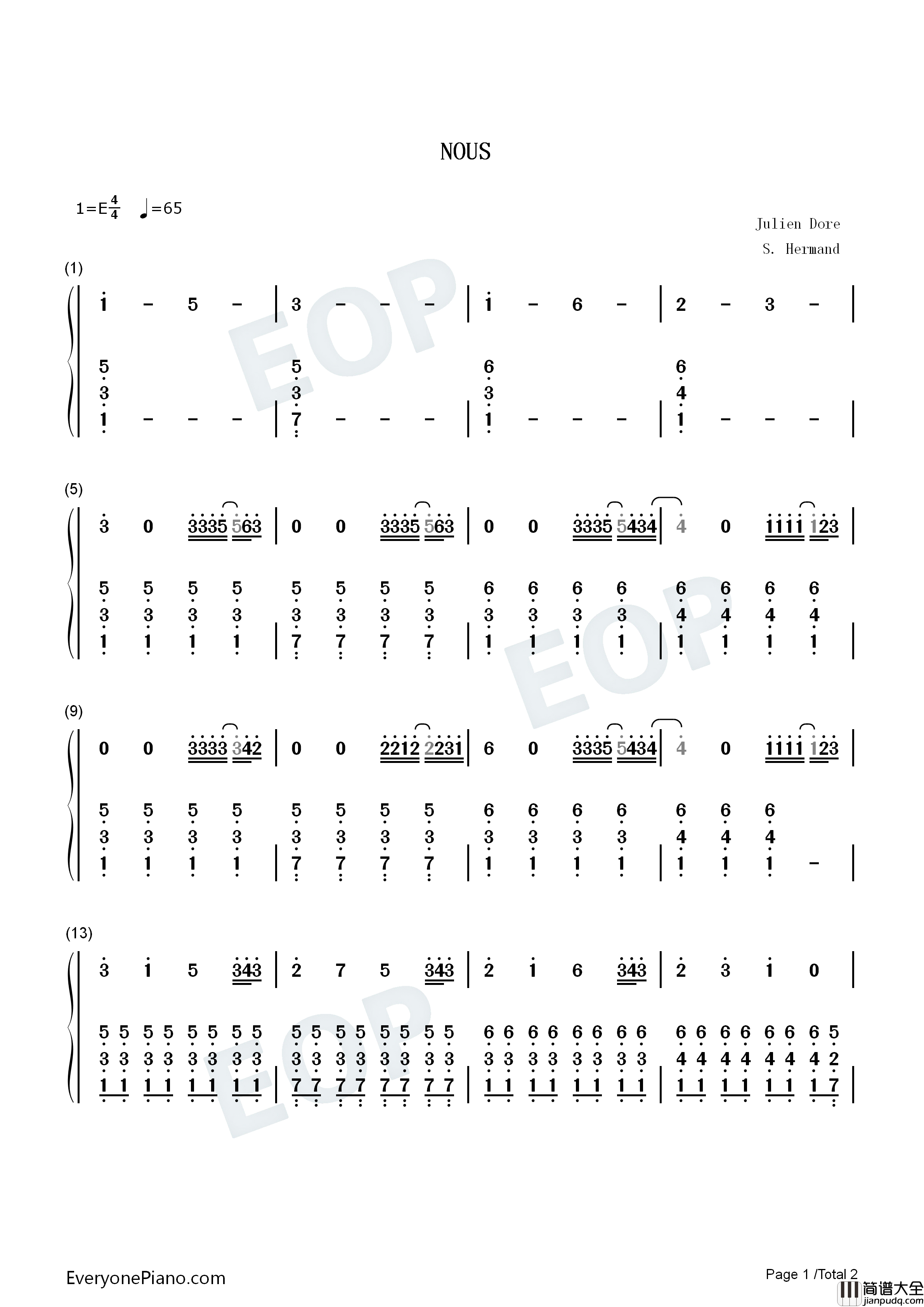 Nous钢琴简谱_Julien_Doré演唱