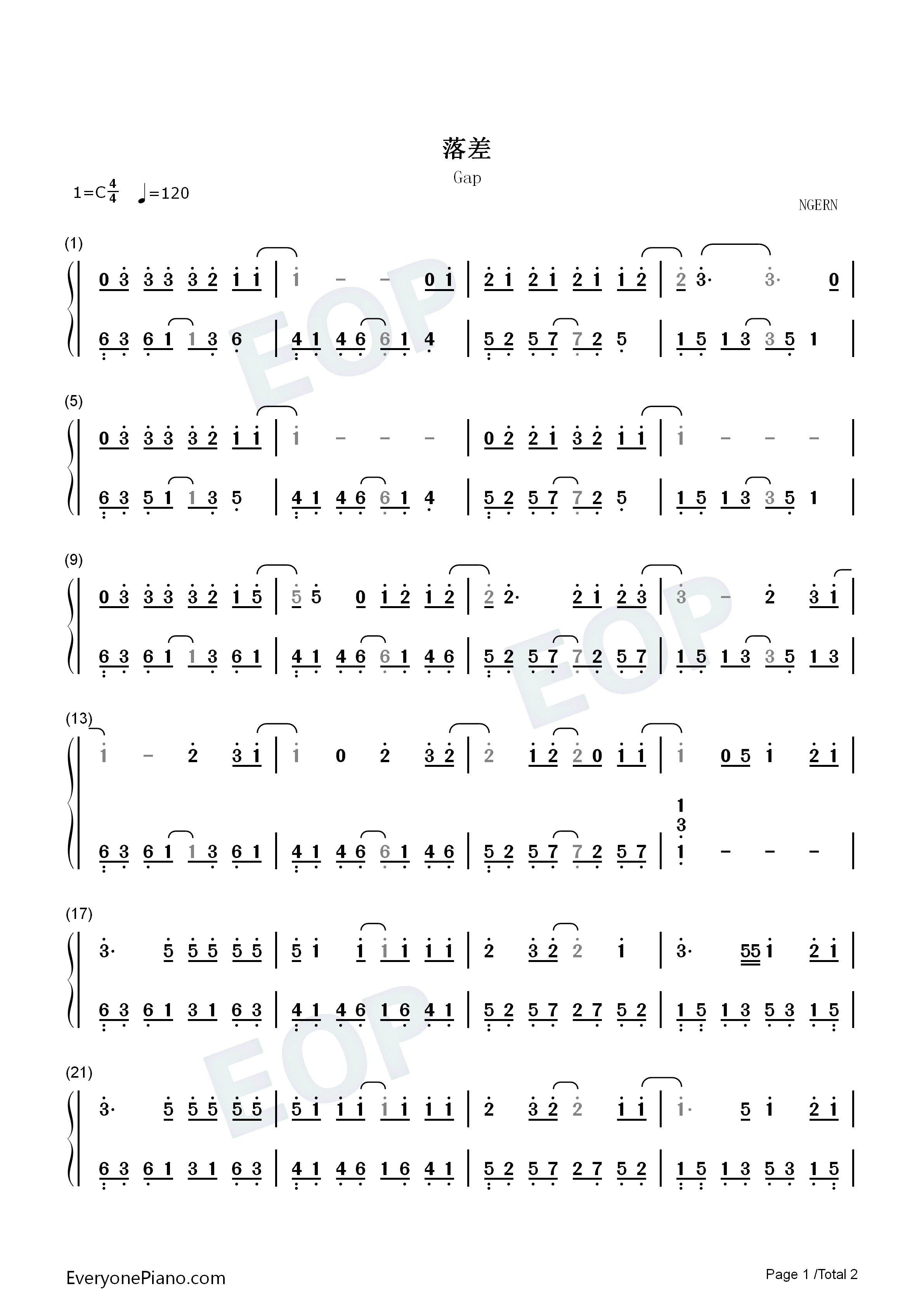 落差钢琴简谱_IN_K_王忻辰演唱