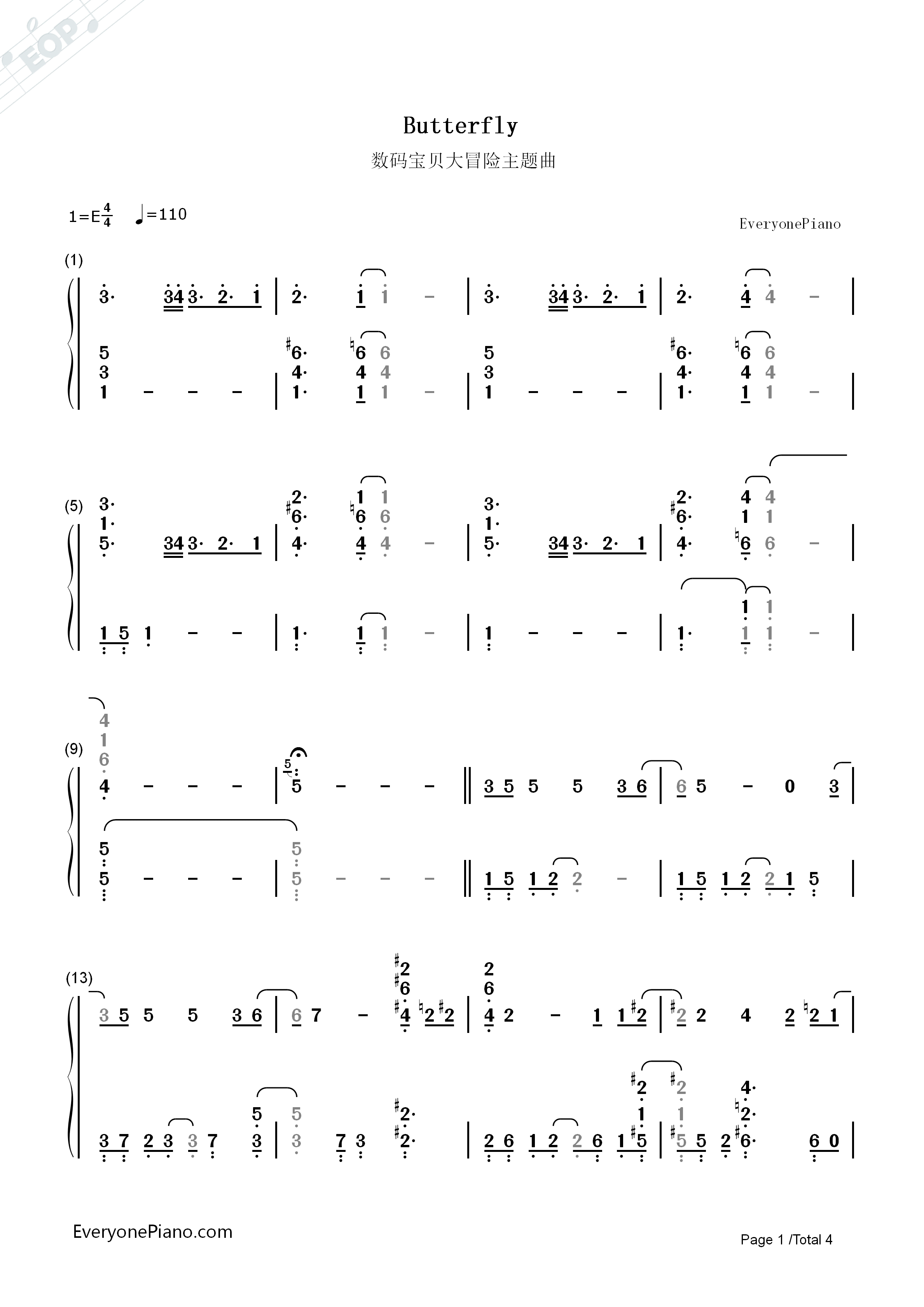 Butterfly简单版钢琴简谱_和田光司演唱