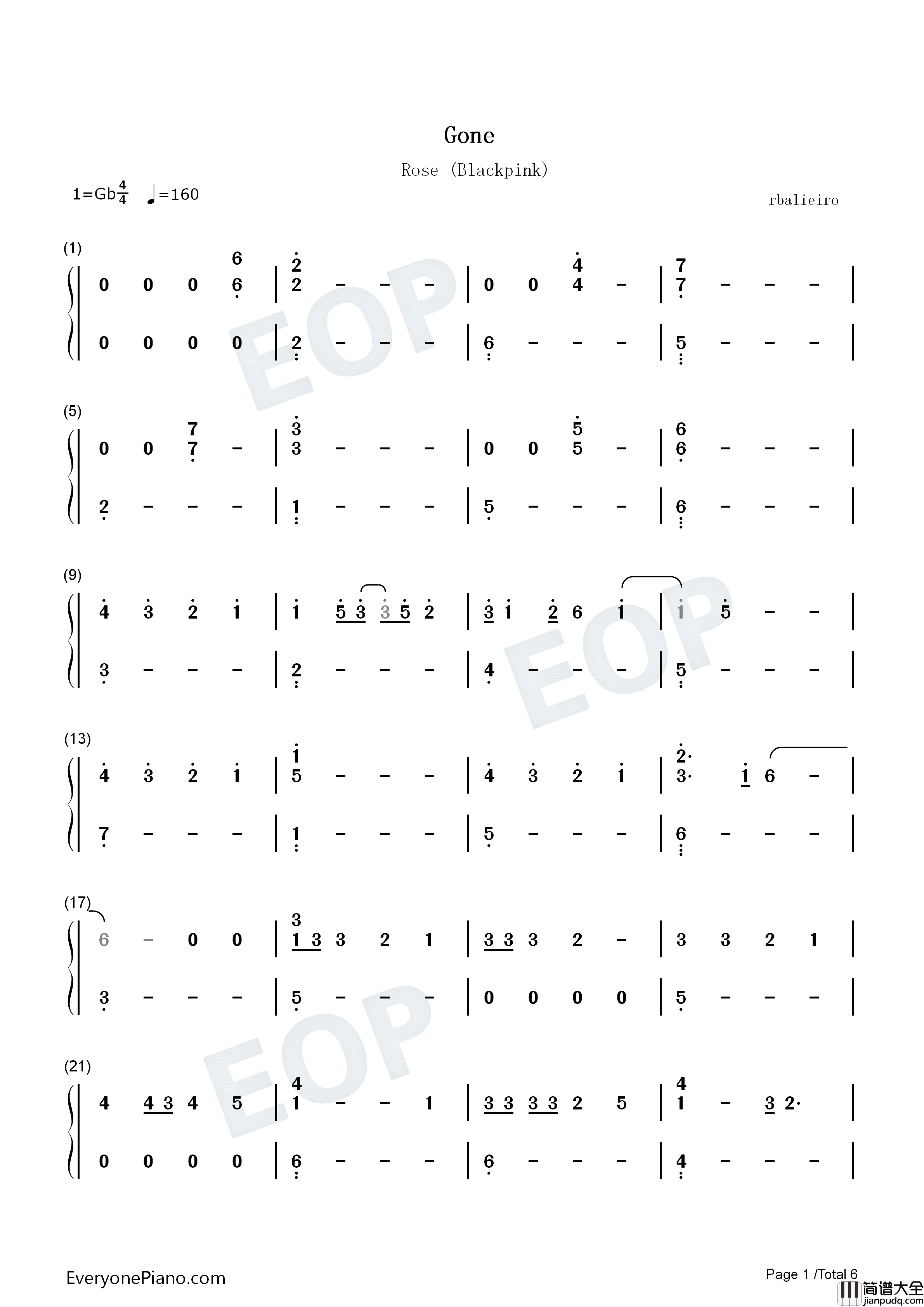 Gone钢琴简谱_Rosé_Blackpink演唱