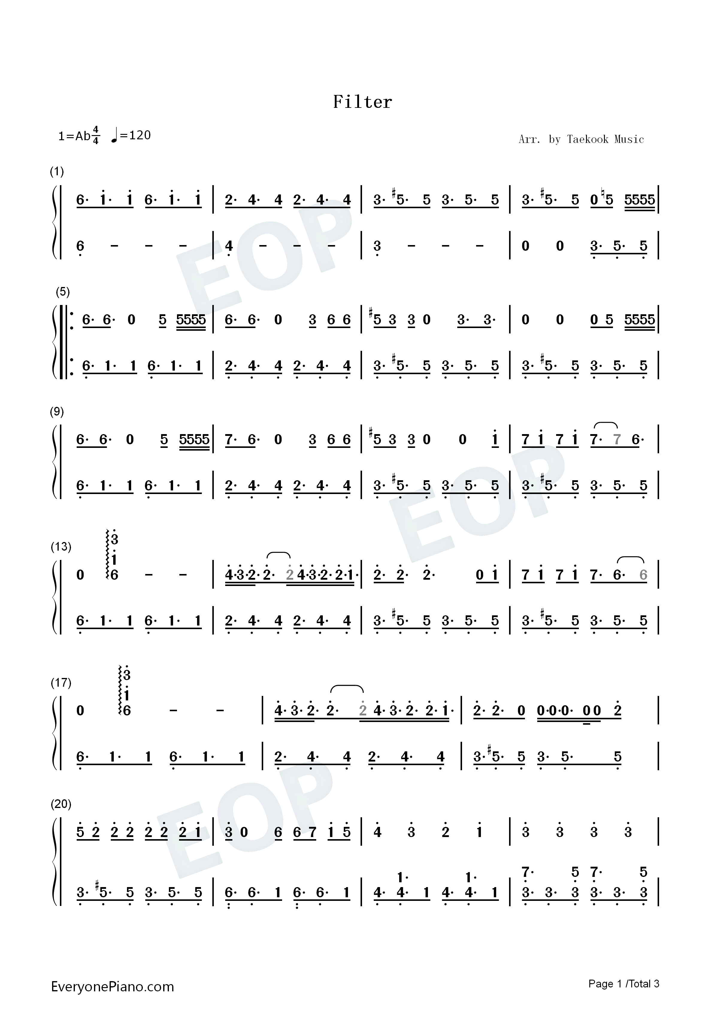 Filter钢琴简谱_防弹少年团_朴智旻演唱