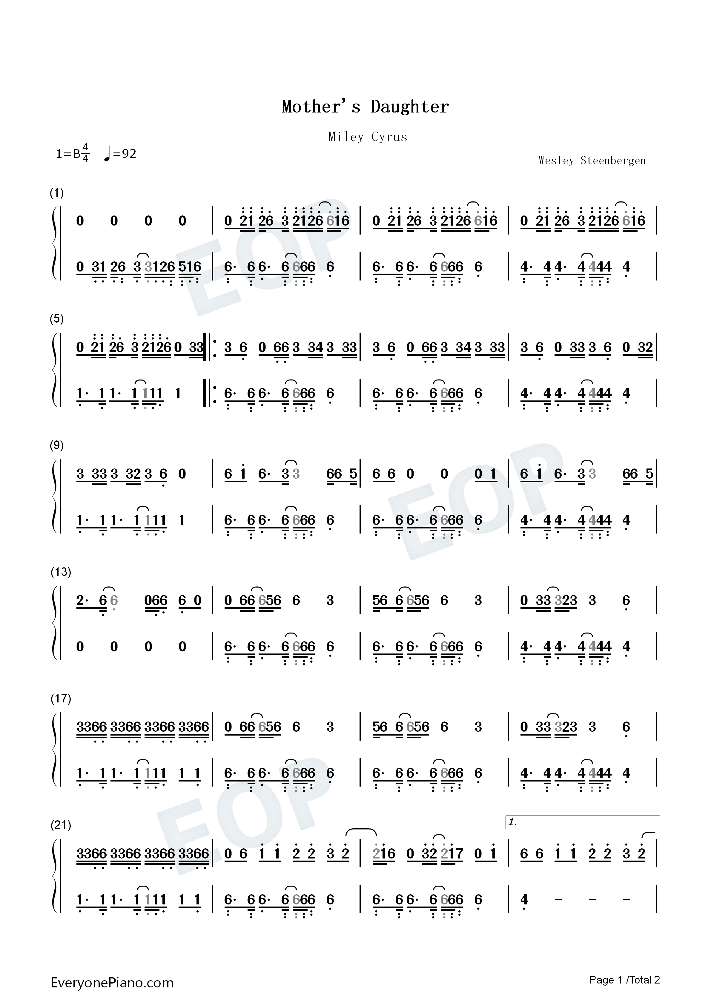 Mothers_Daughter钢琴简谱_Miley_Cyrus演唱