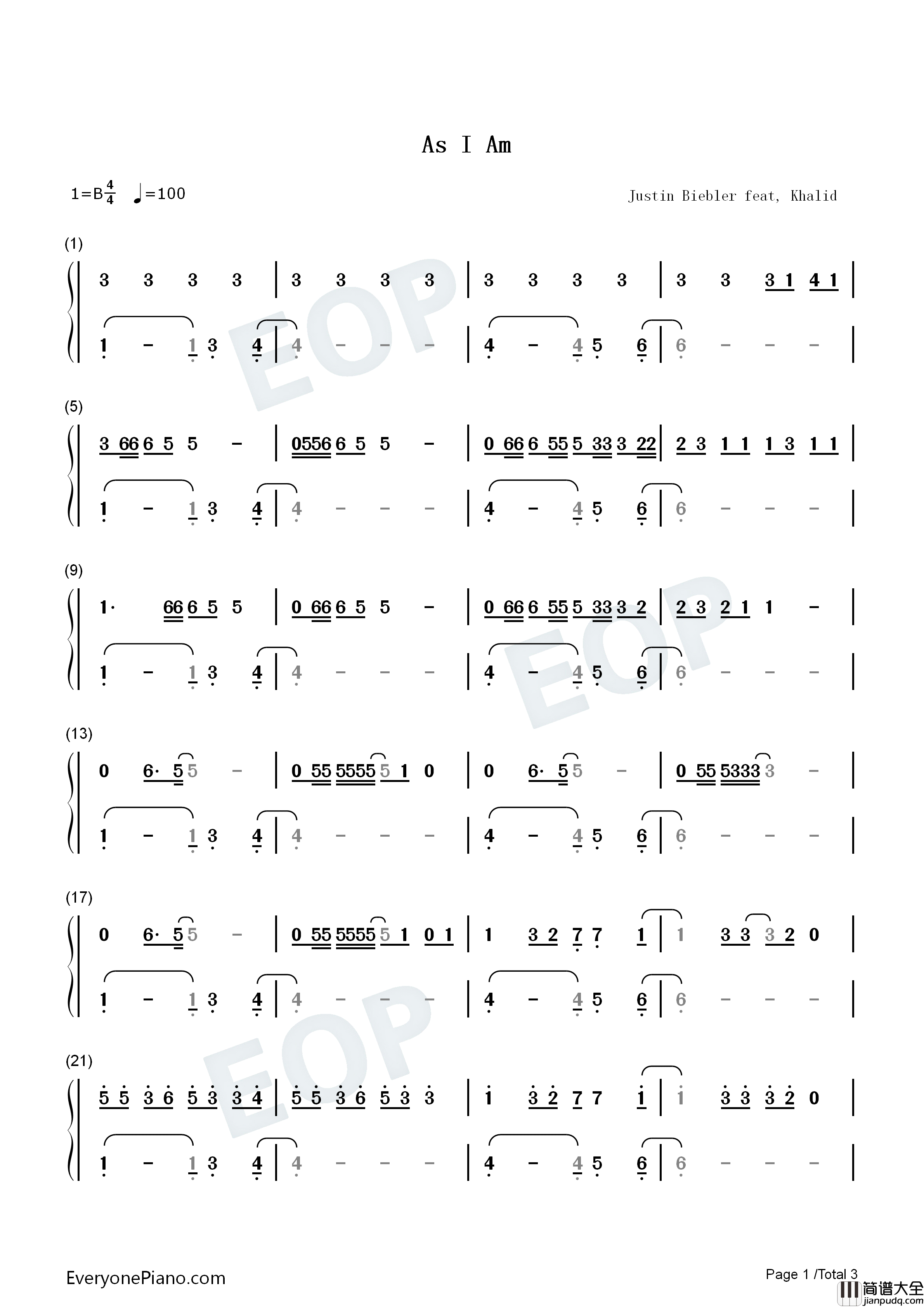 As_I_Am钢琴简谱_Justin_Bieber_Khalid演唱