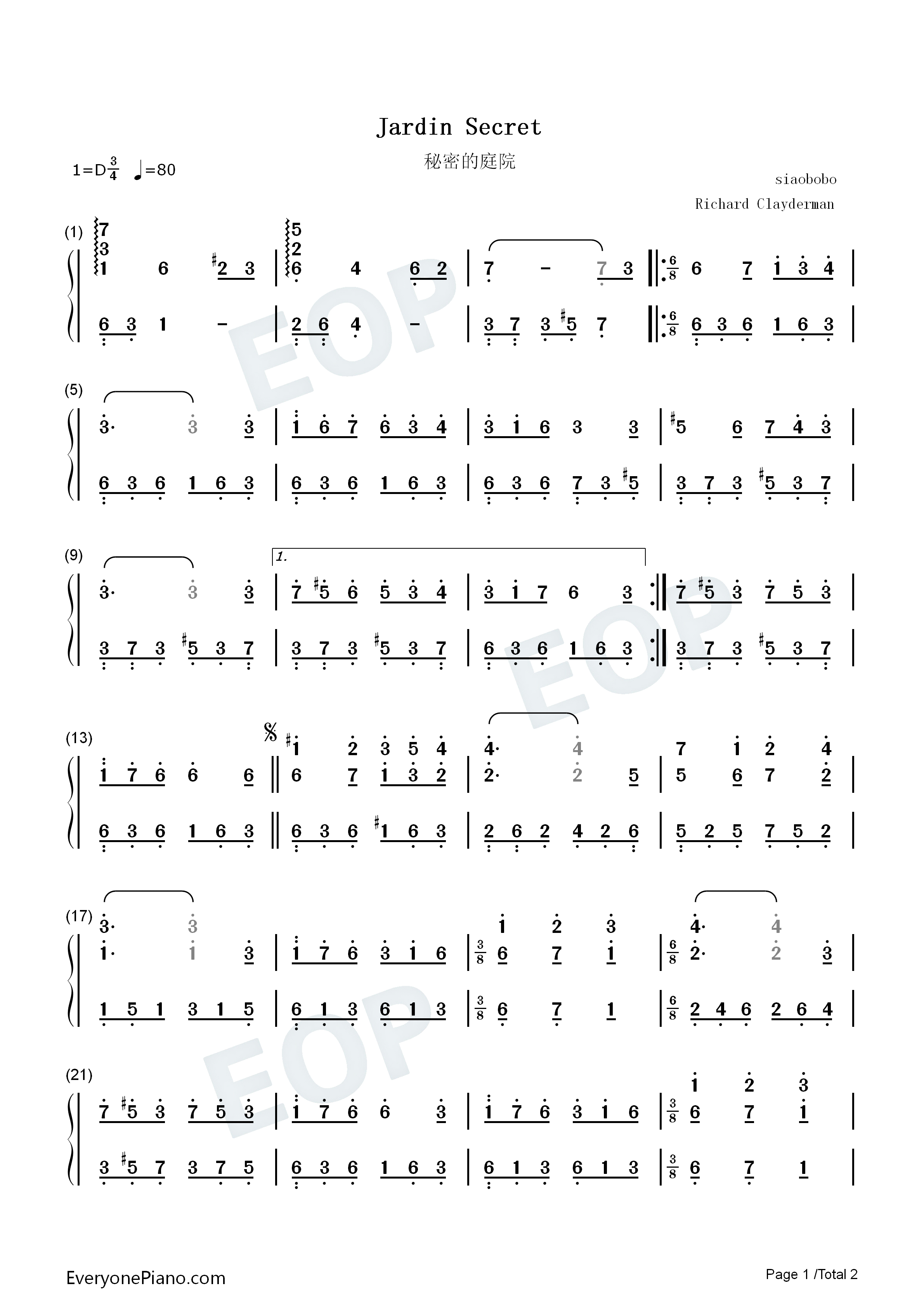 秘密的庭院钢琴简谱_理查德·克莱德曼演唱