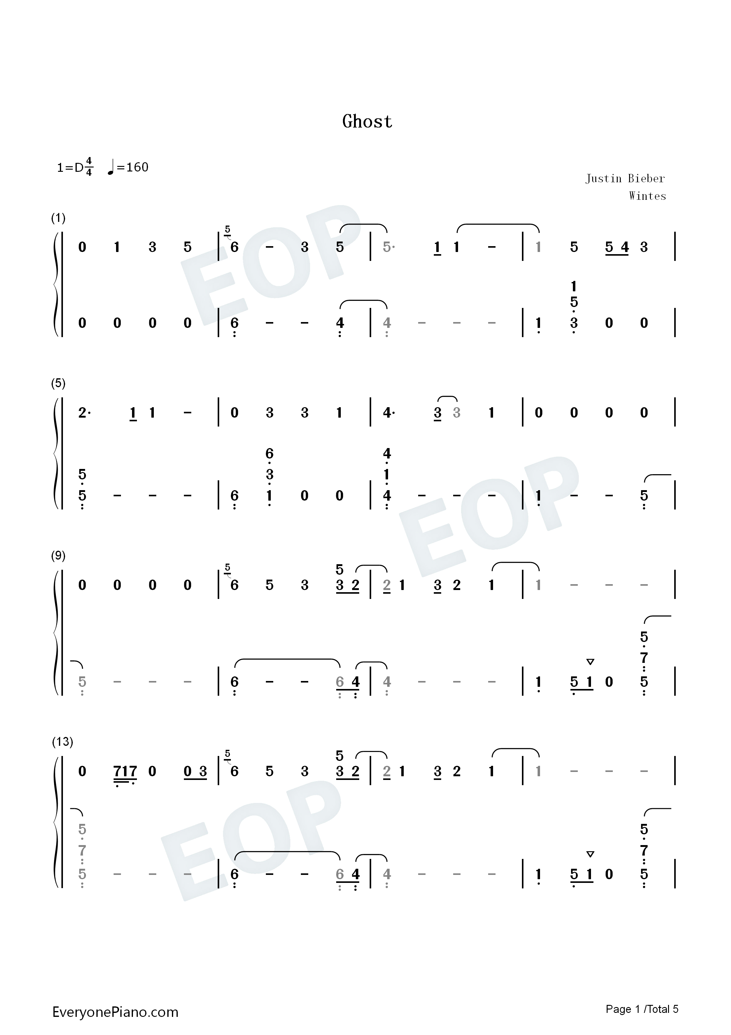 Ghost钢琴简谱_Justin_Bieber演唱