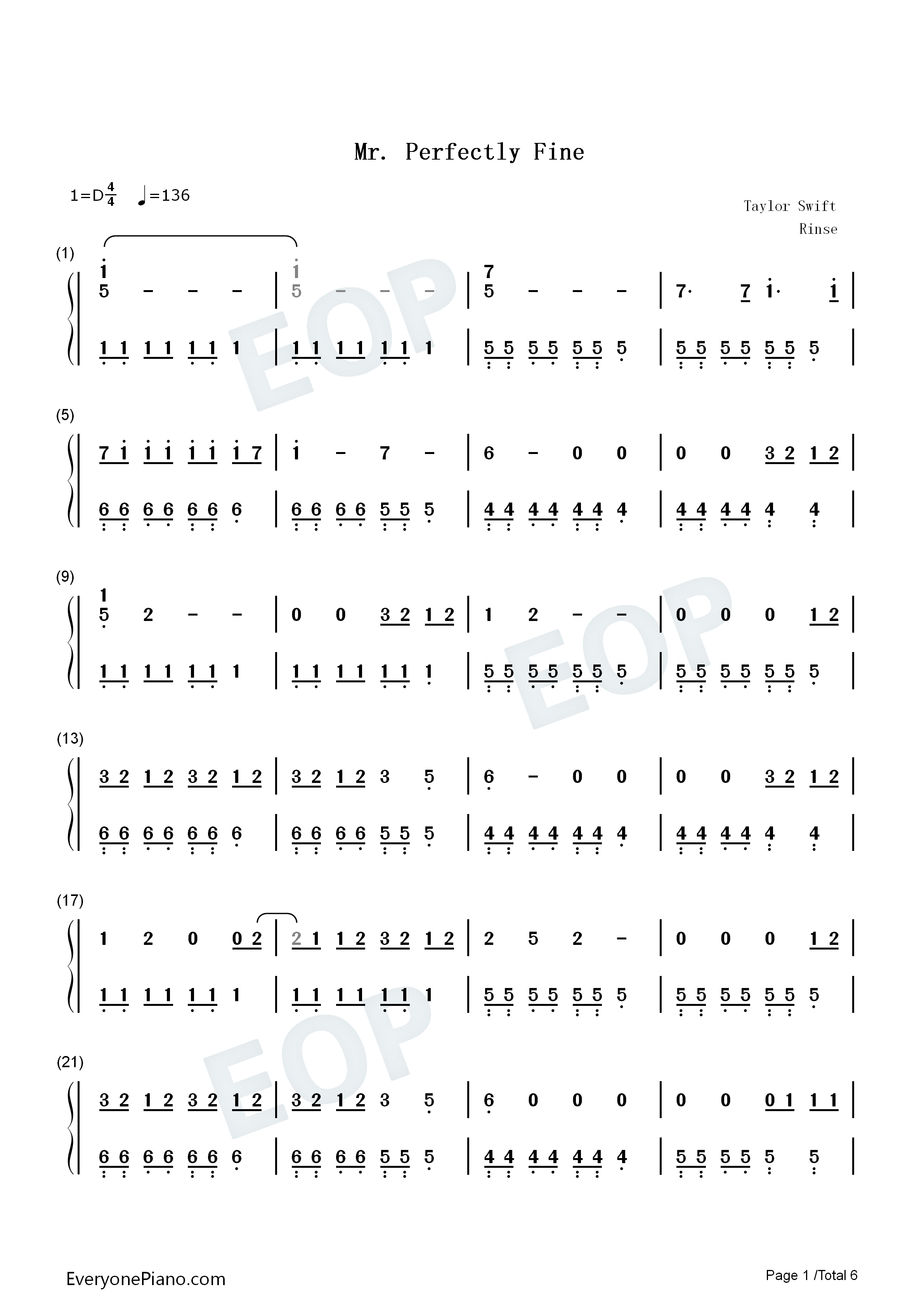 Mr_Perfectly_Fine钢琴简谱_Taylor_Swift演唱