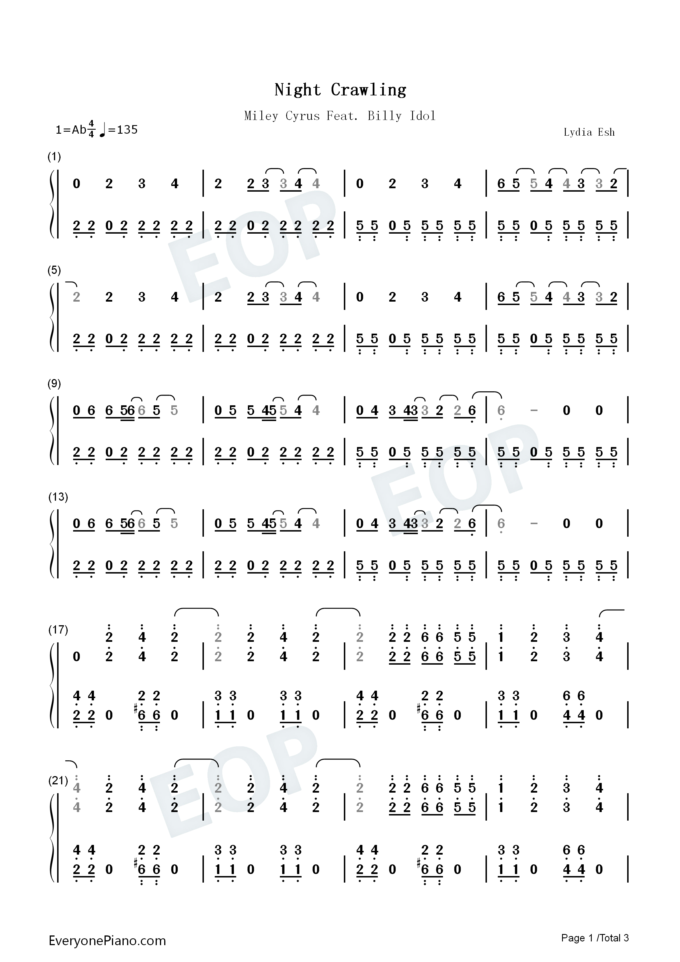 Night_Crawling钢琴简谱_Miley_Cyrus_Billy_Idol演唱