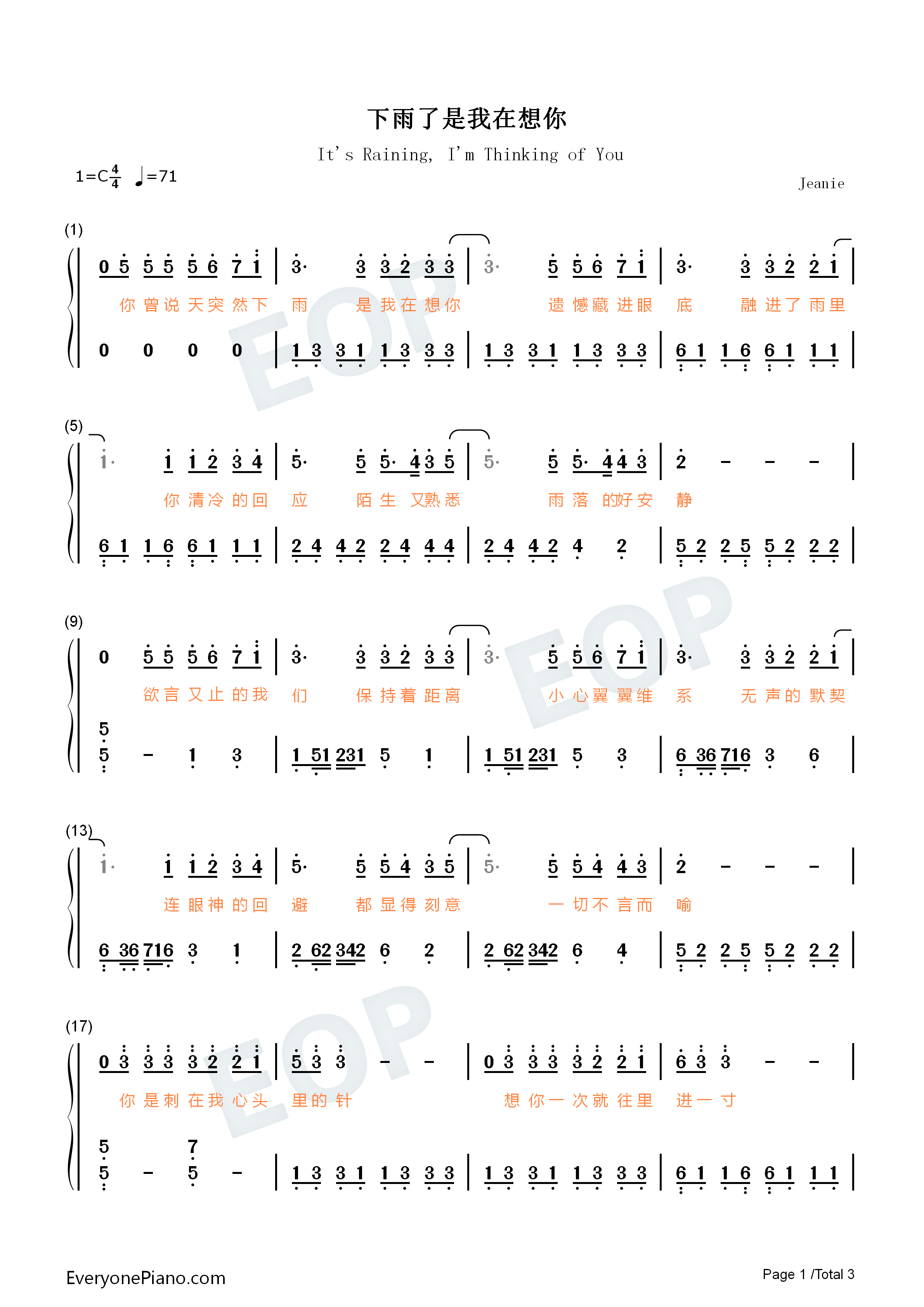 下雨了是我在想你钢琴简谱_林墨_甘望星_何屹繁_利路修_任胤蓬_硬糖少女303郑乃馨演唱