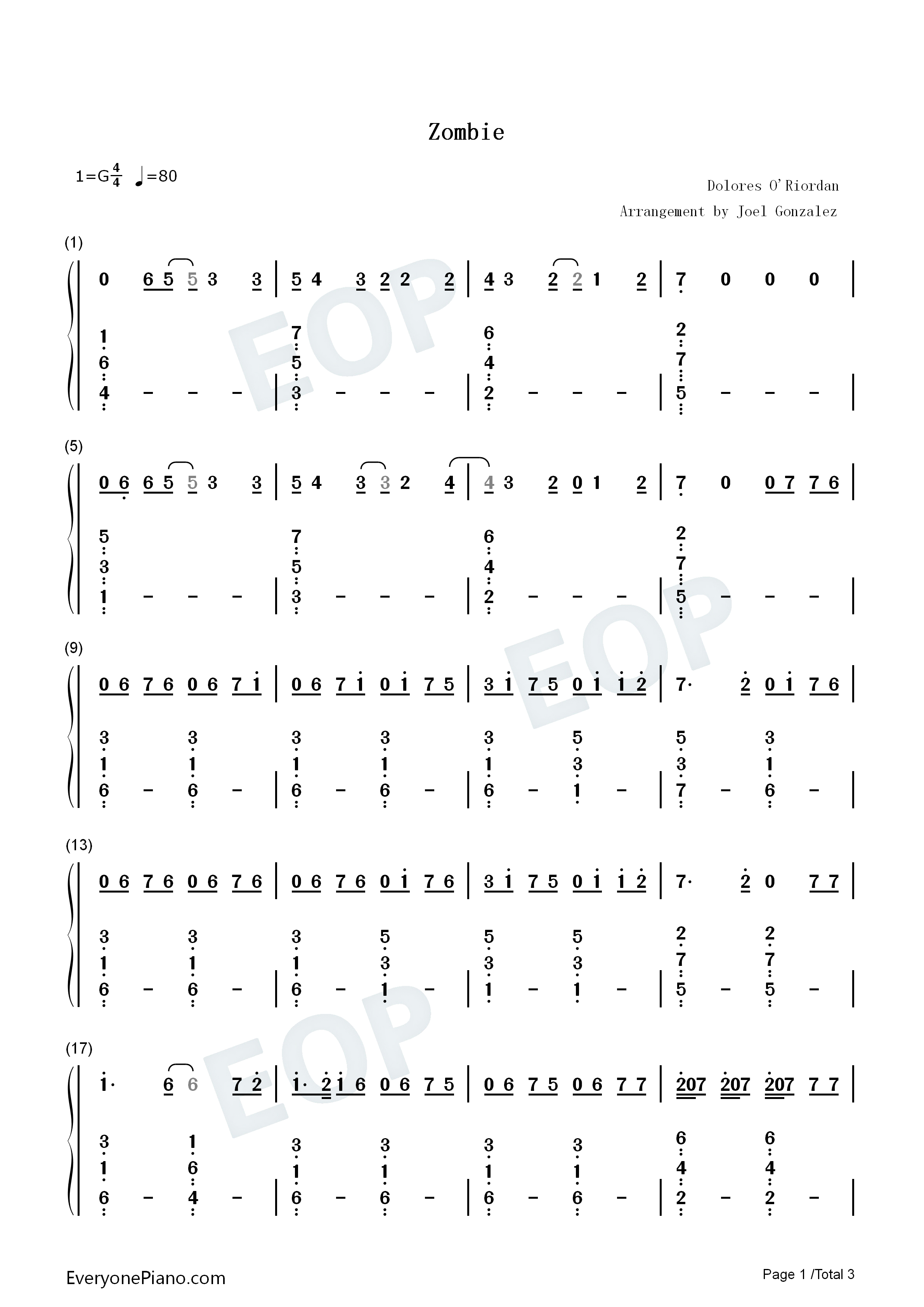 Zombie钢琴简谱_The_Cranberries_Miley_Cyrus演唱