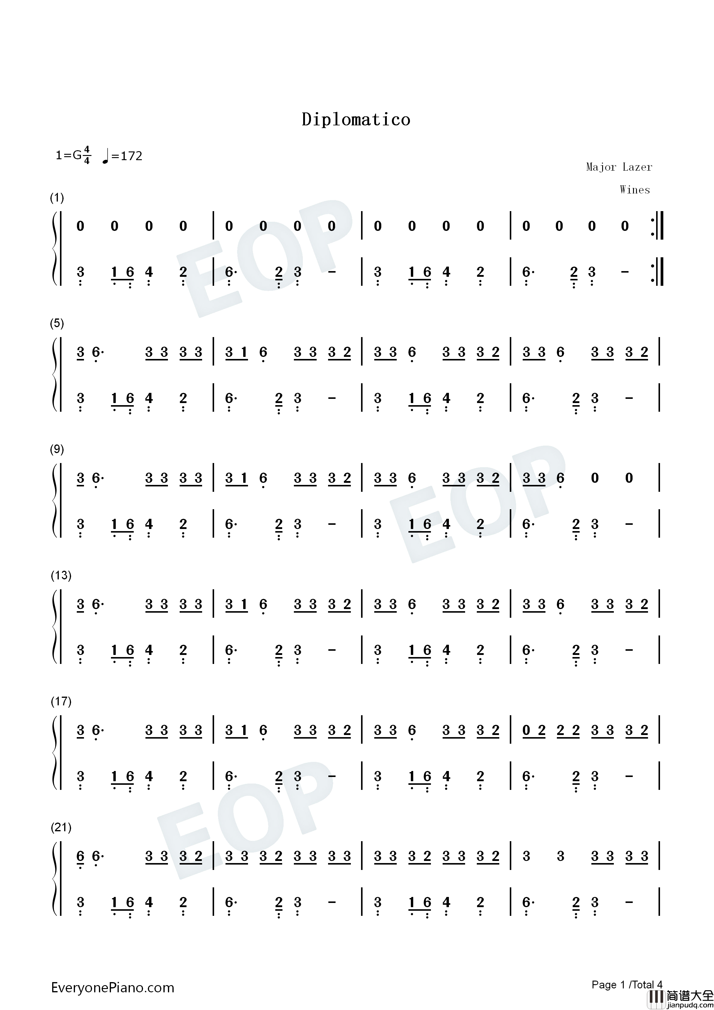 Diplomatico钢琴简谱_Major_Lazer_Guaynaa演唱