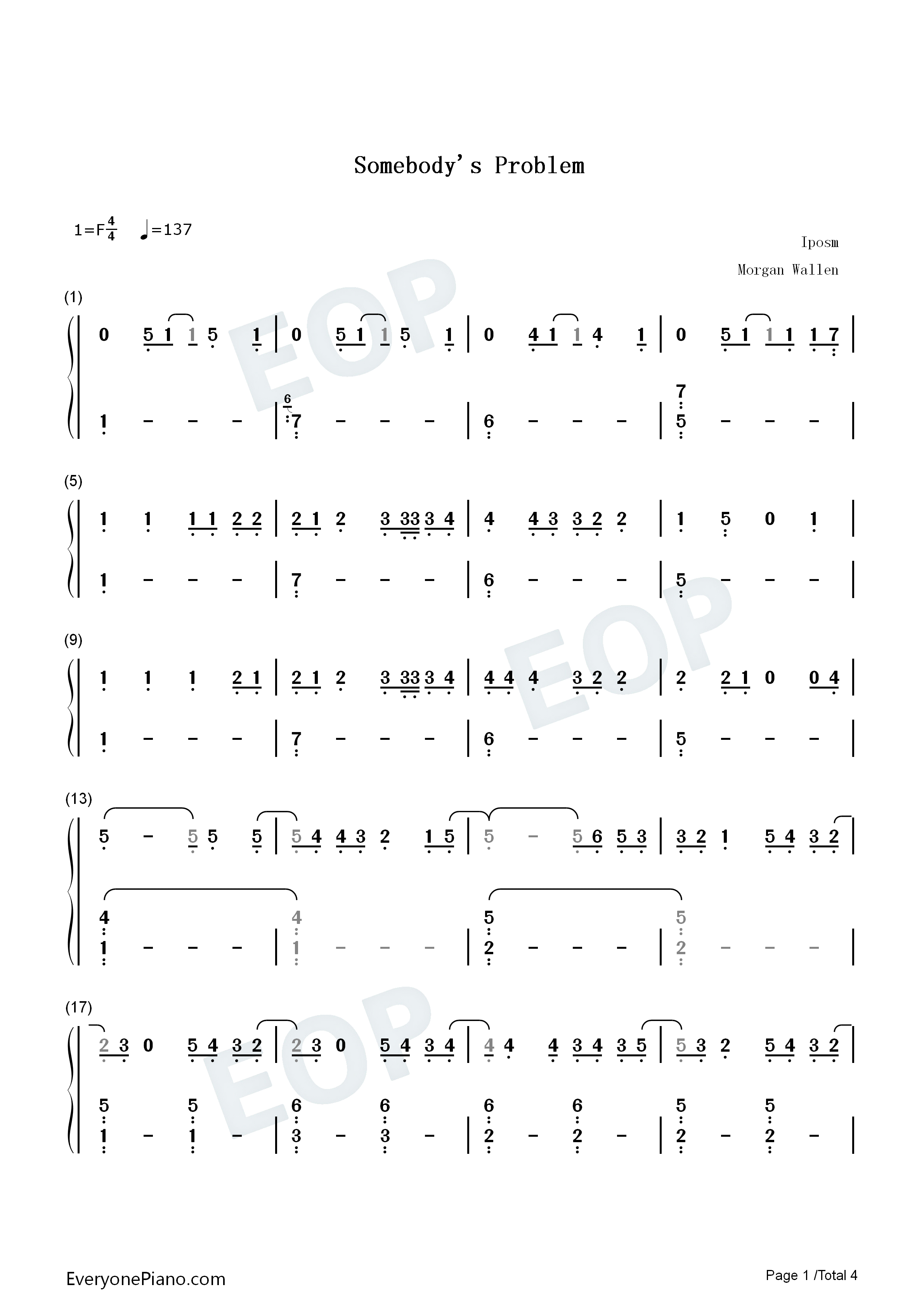 Somebodys_Problem钢琴简谱_Morgan_Wallen演唱