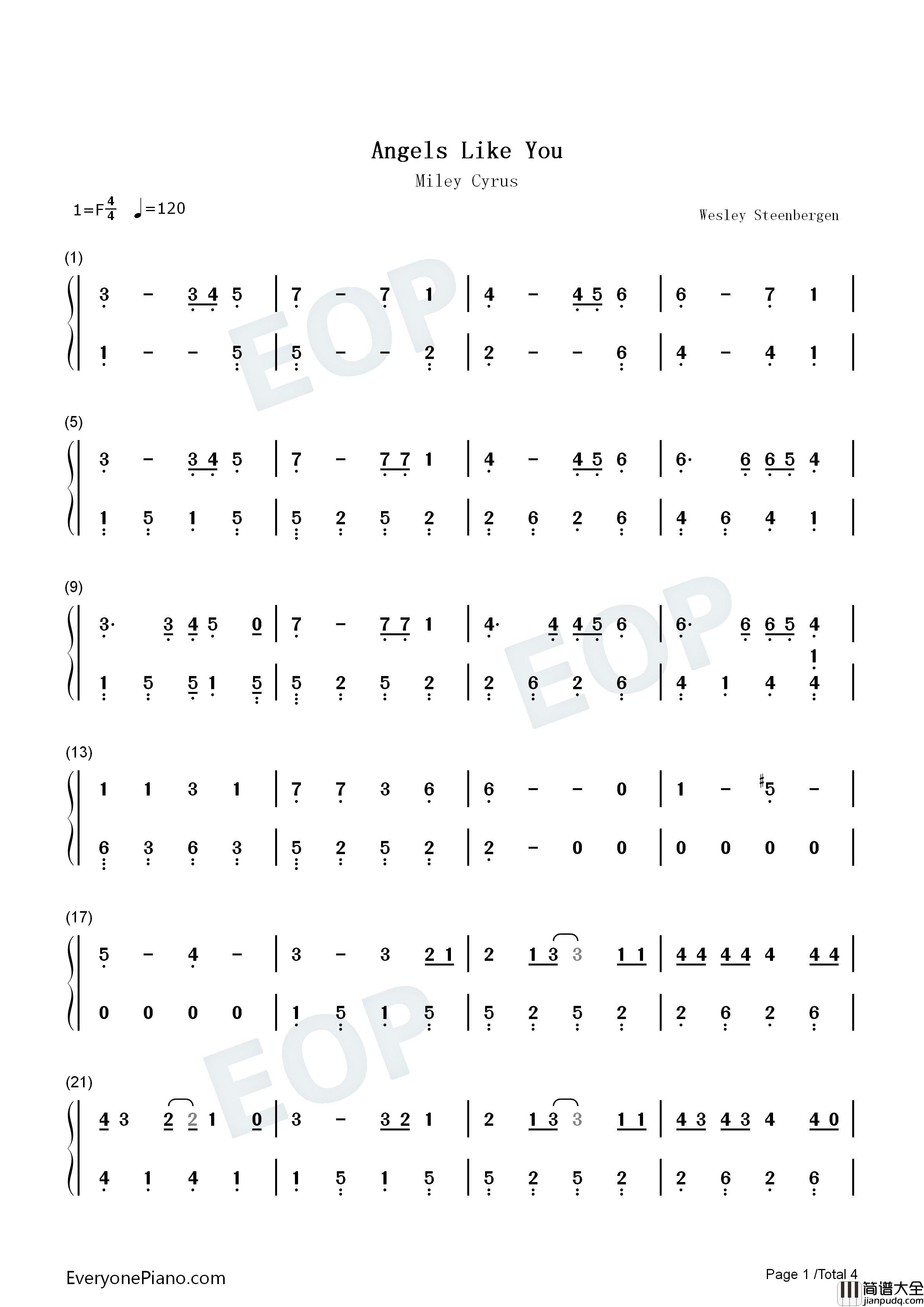 Angels_like_You钢琴简谱_Miley_Cyrus演唱