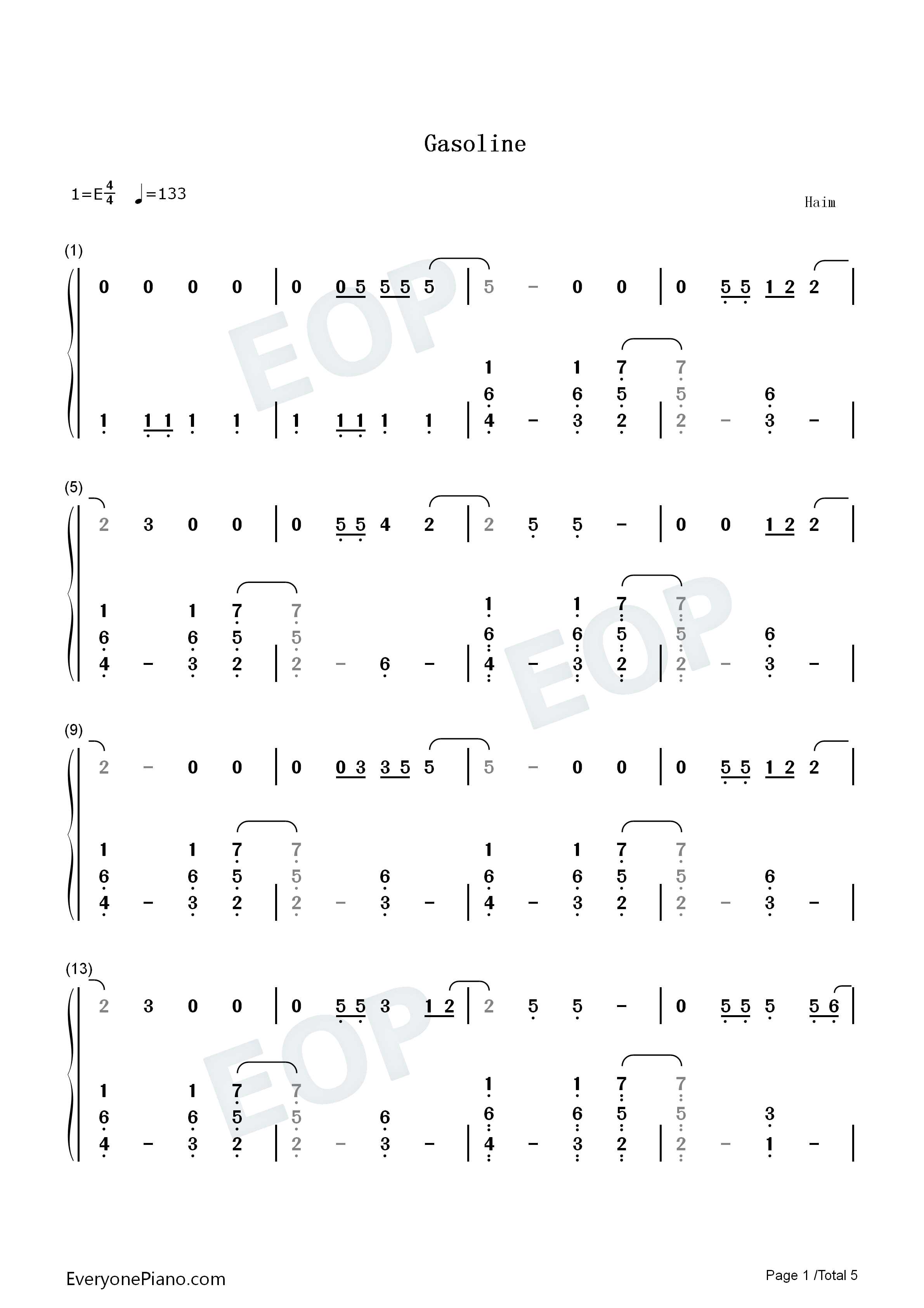 Gasoline钢琴简谱_Haim_Taylor_Swift演唱