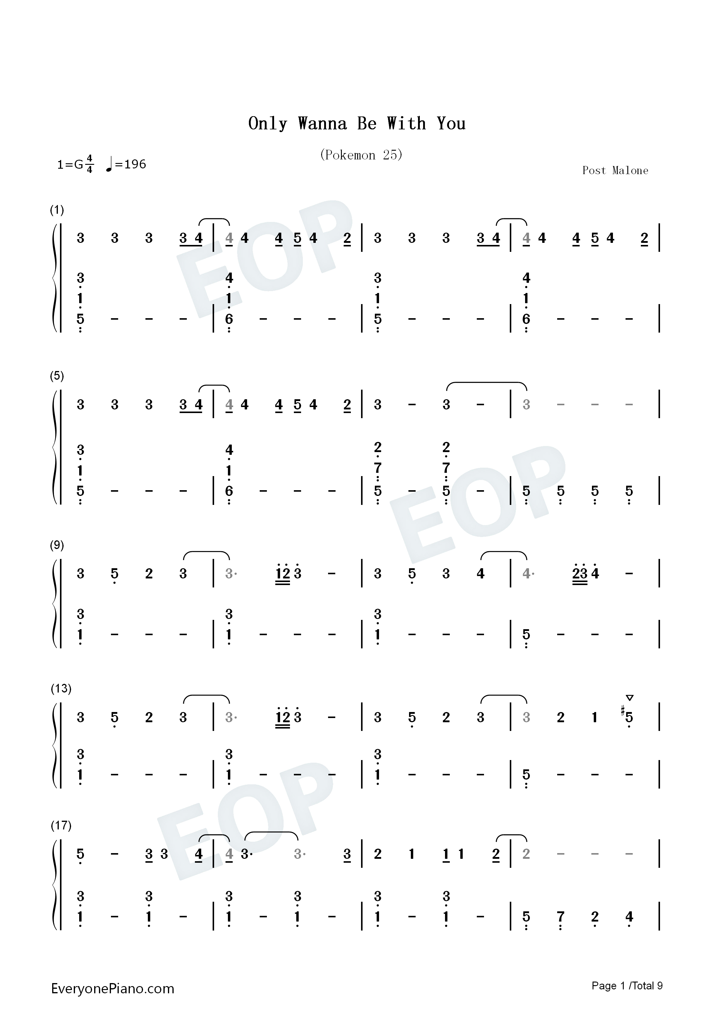 Only_Wanna_Be_with_You钢琴简谱_Post_Malone演唱