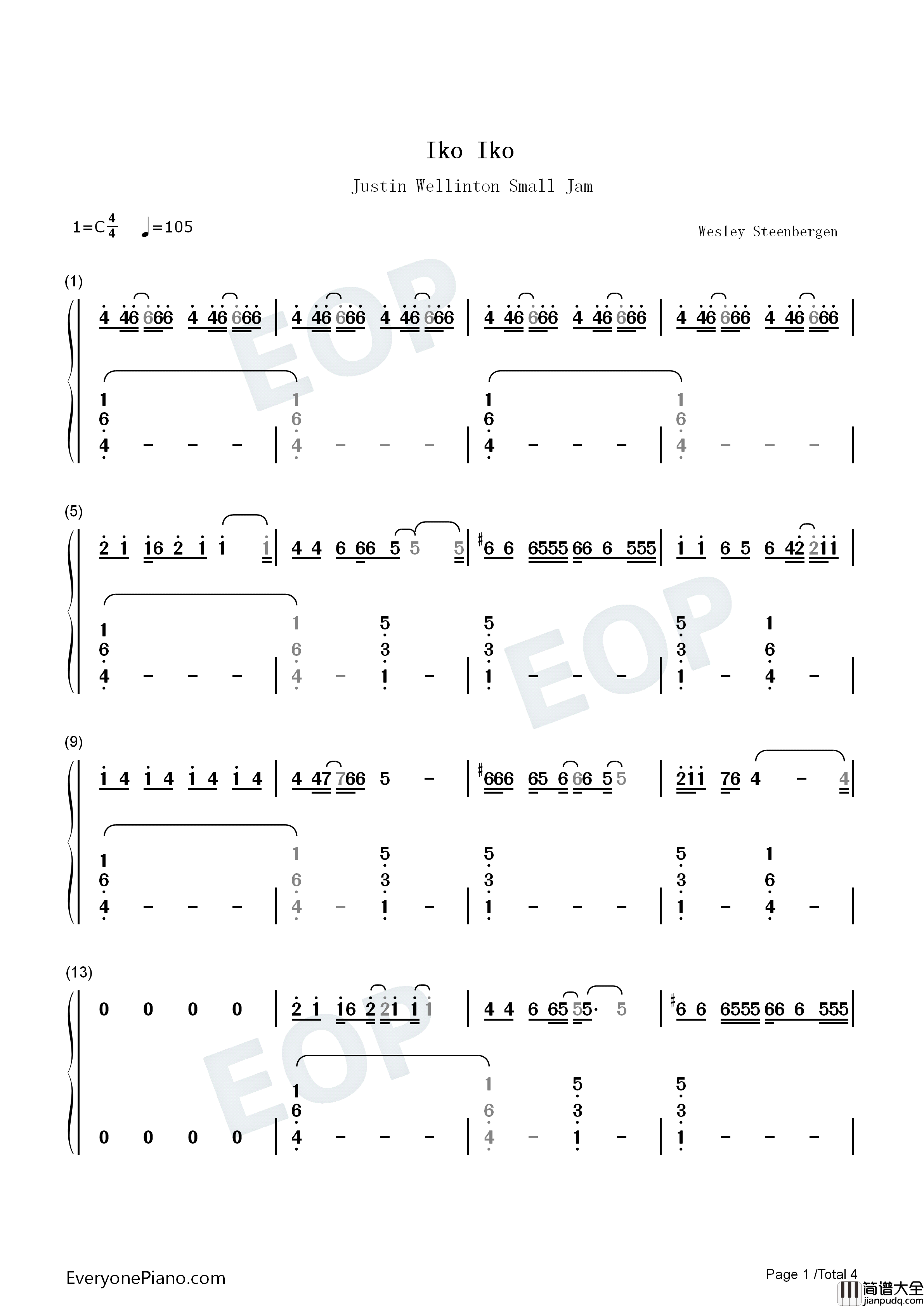 Iko_Iko钢琴简谱_Justin_Wellington_Small_Jam演唱